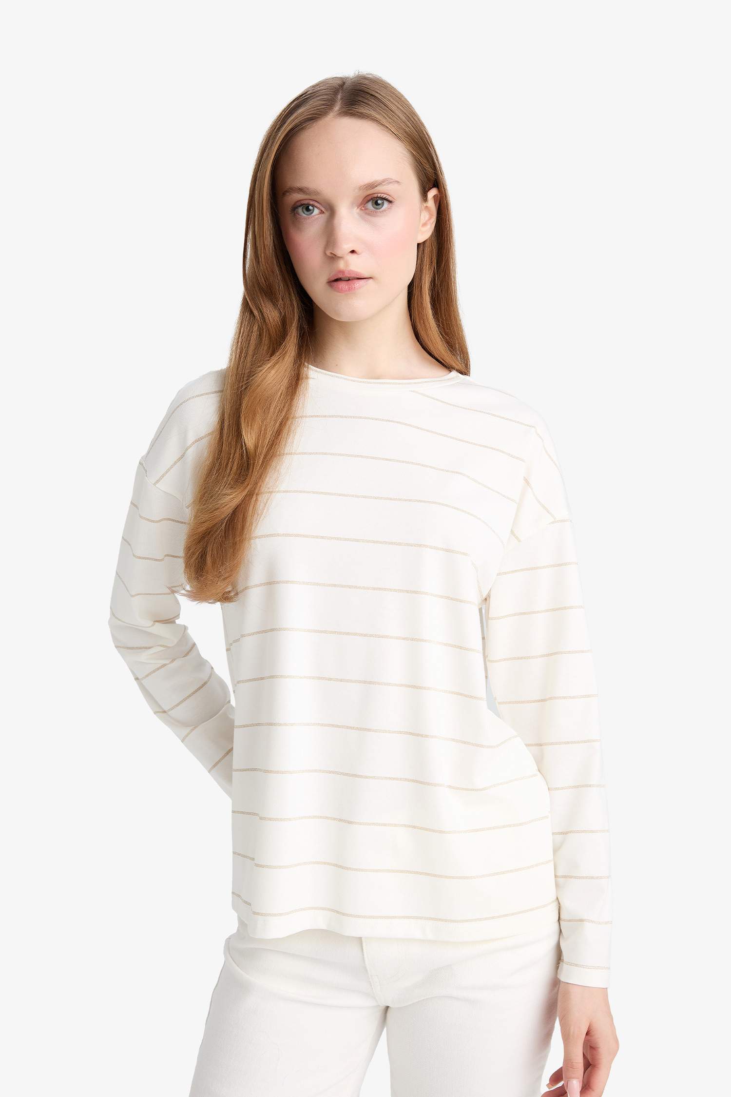 Relax Fit Bisiklet Yaka Çizgili Uzun Kollu Tişört