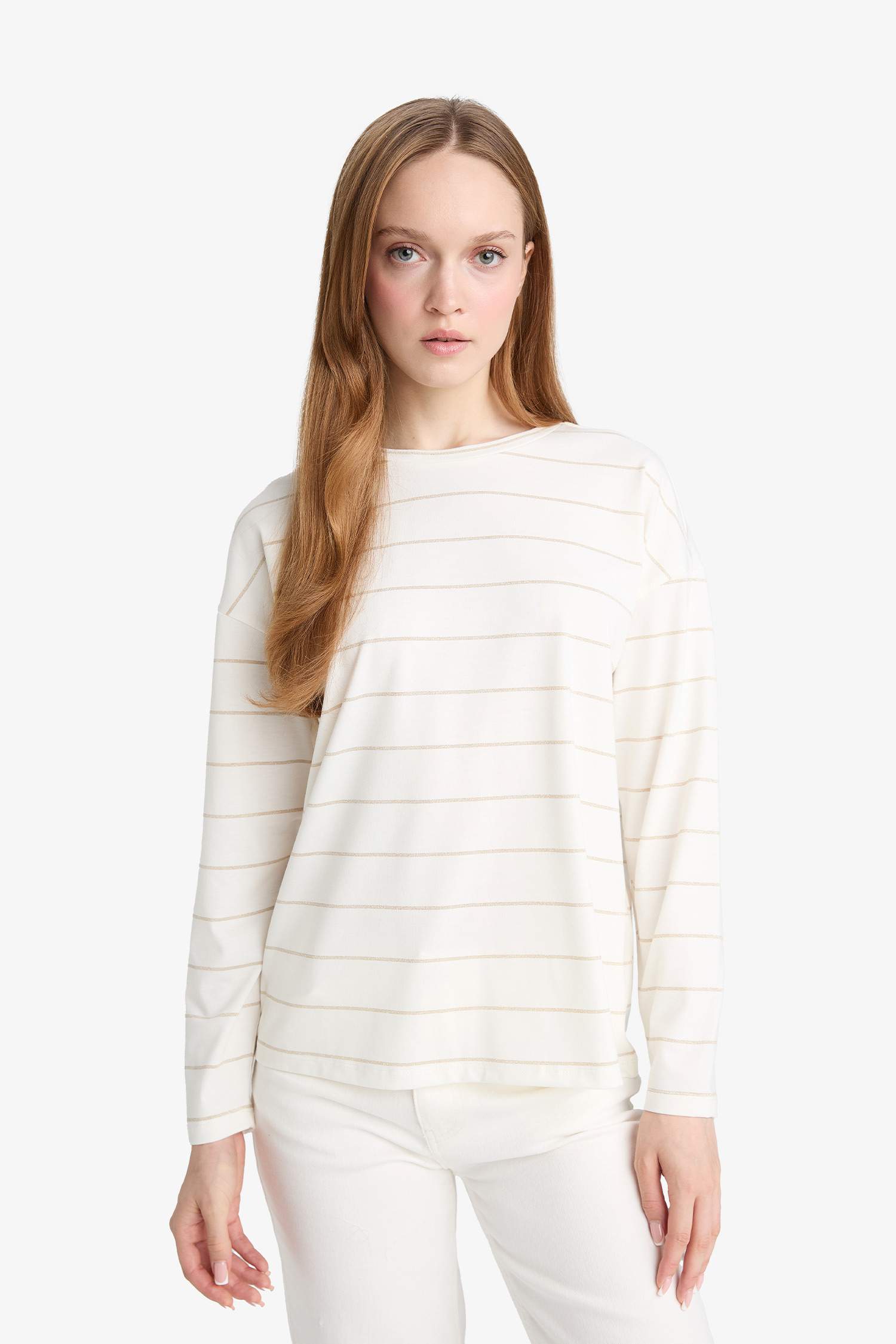 Relax Fit Bisiklet Yaka Çizgili Uzun Kollu Tişört