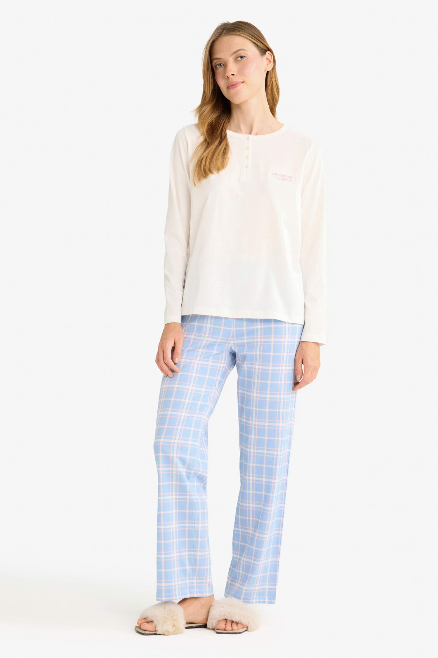 Pijama Takımı Regular Fit Uzun Kollu Üst Kareli Uzun Alt-Fall in Love