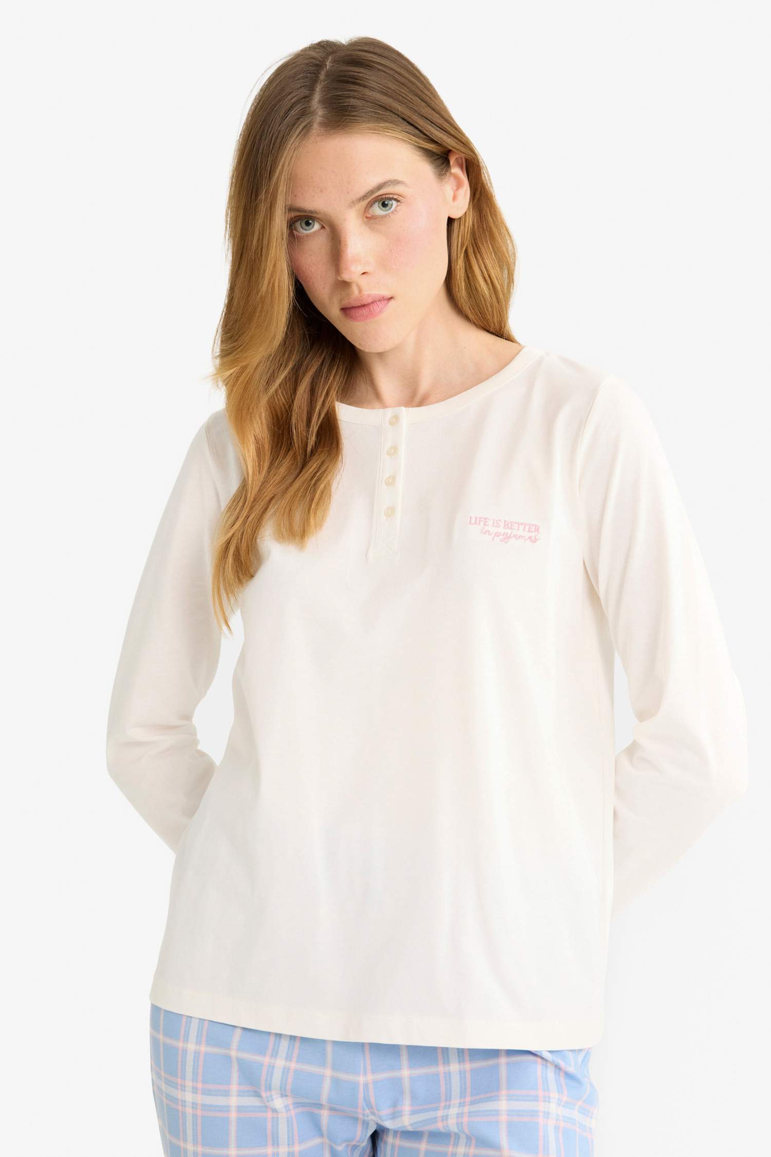 Pijama Takımı Regular Fit Uzun Kollu Üst Kareli Uzun Alt-Fall in Love