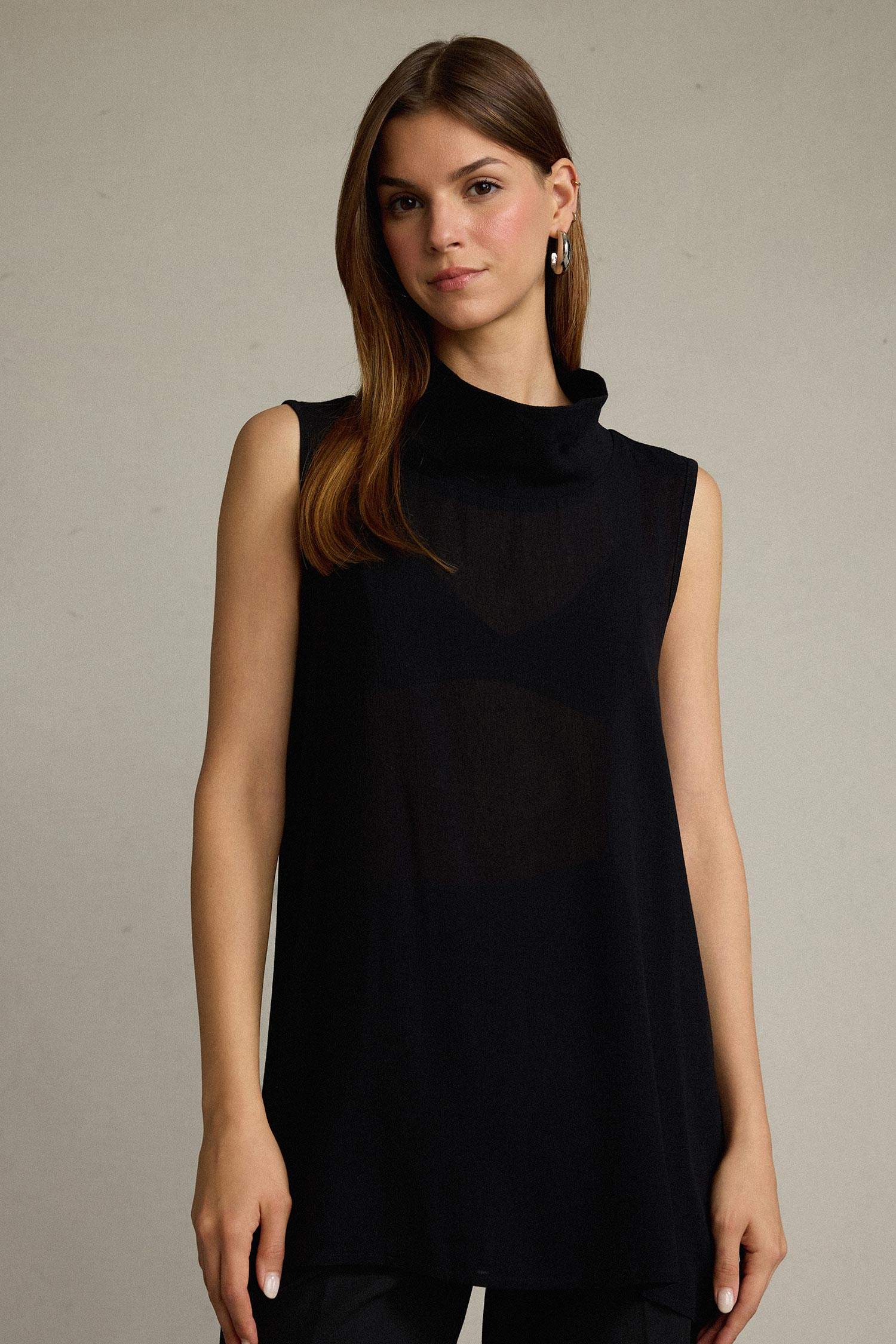 Relax Fit Balıkçı Yaka Twill Kolsuz Bluz