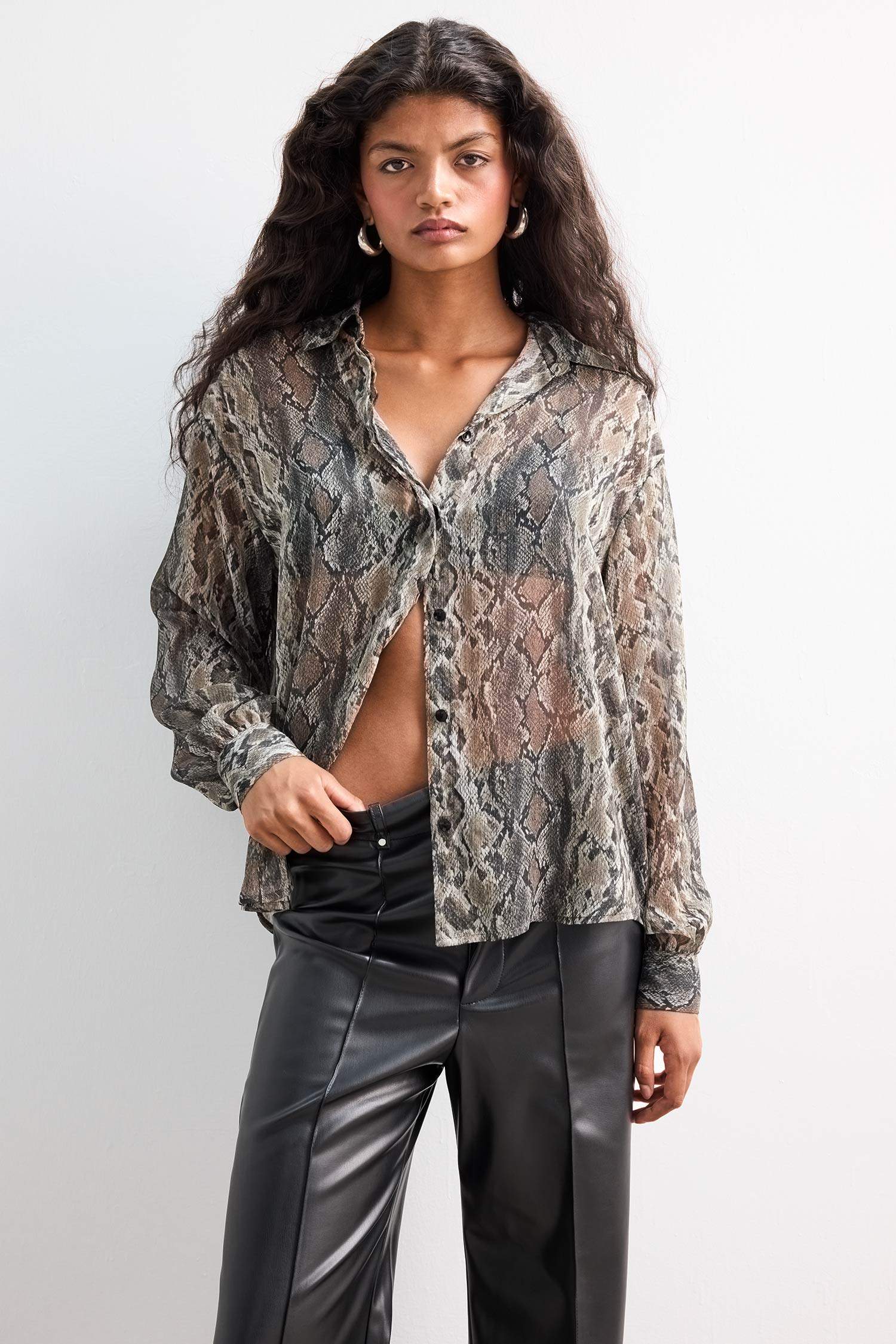 Regular Fit Snakeskin Patterned Chiffon Shirt