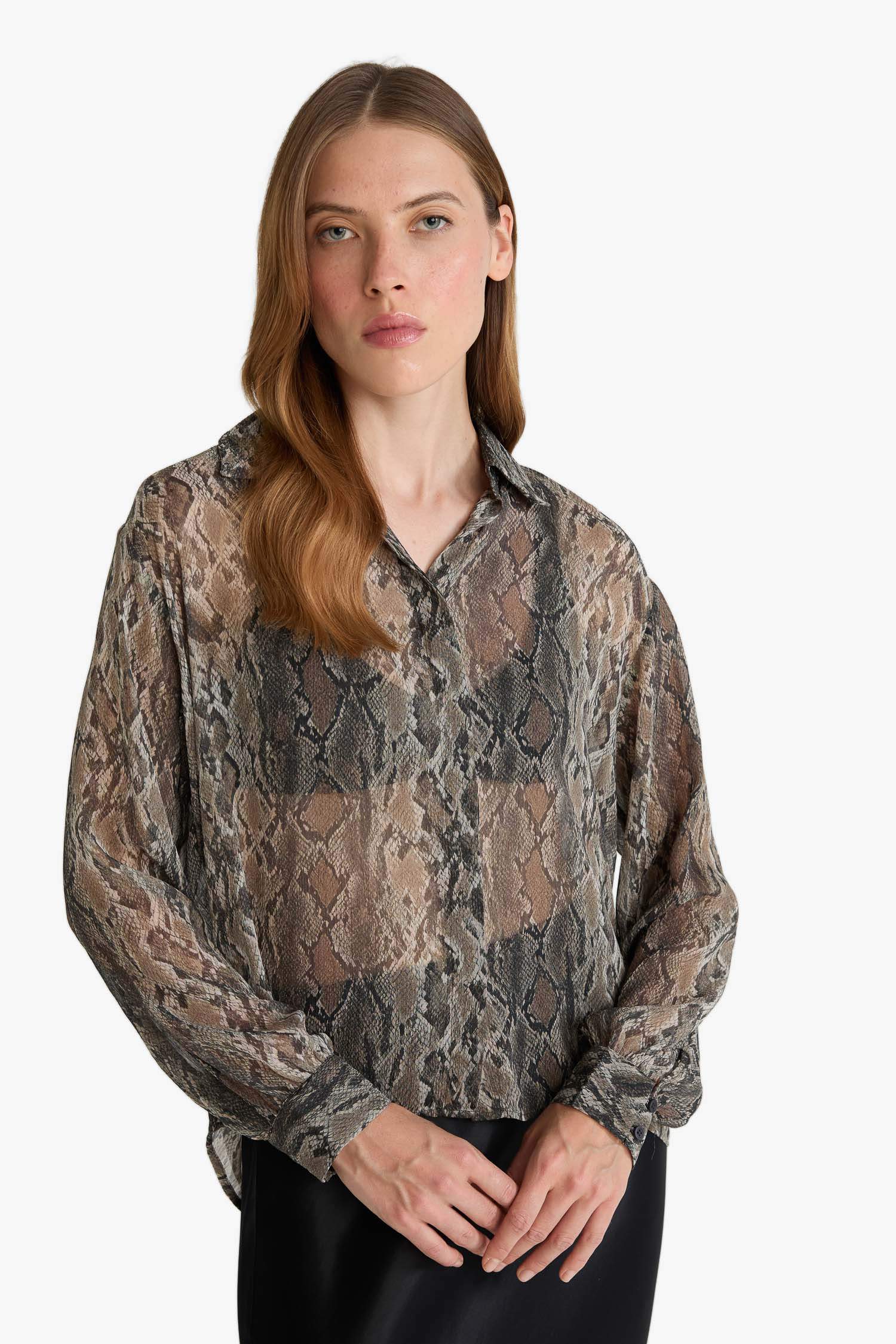 Regular Fit Snakeskin Patterned Chiffon Shirt
