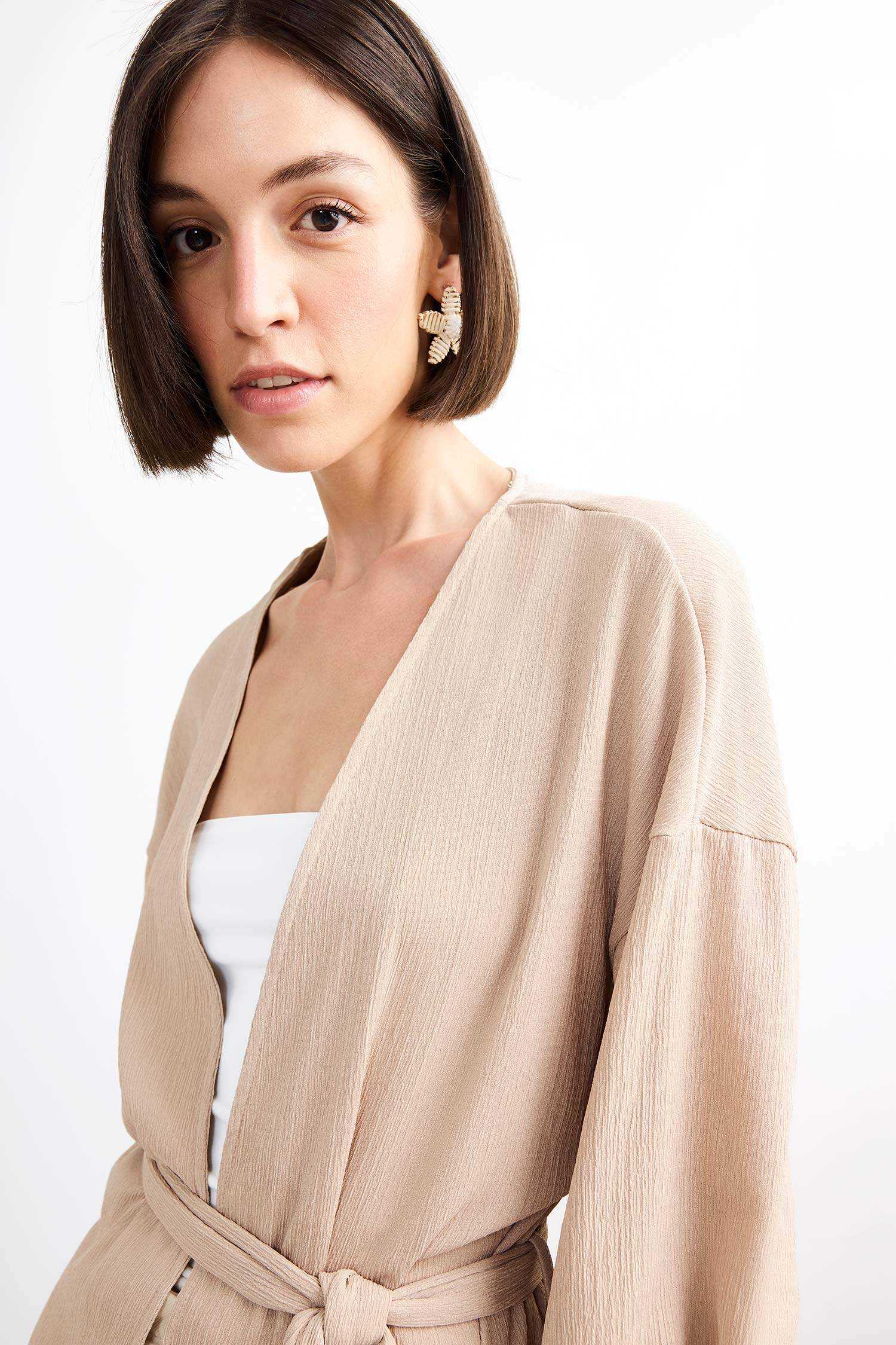 Fitted Bürümcük Brode Bağlamalı Uzun Kollu Bluz