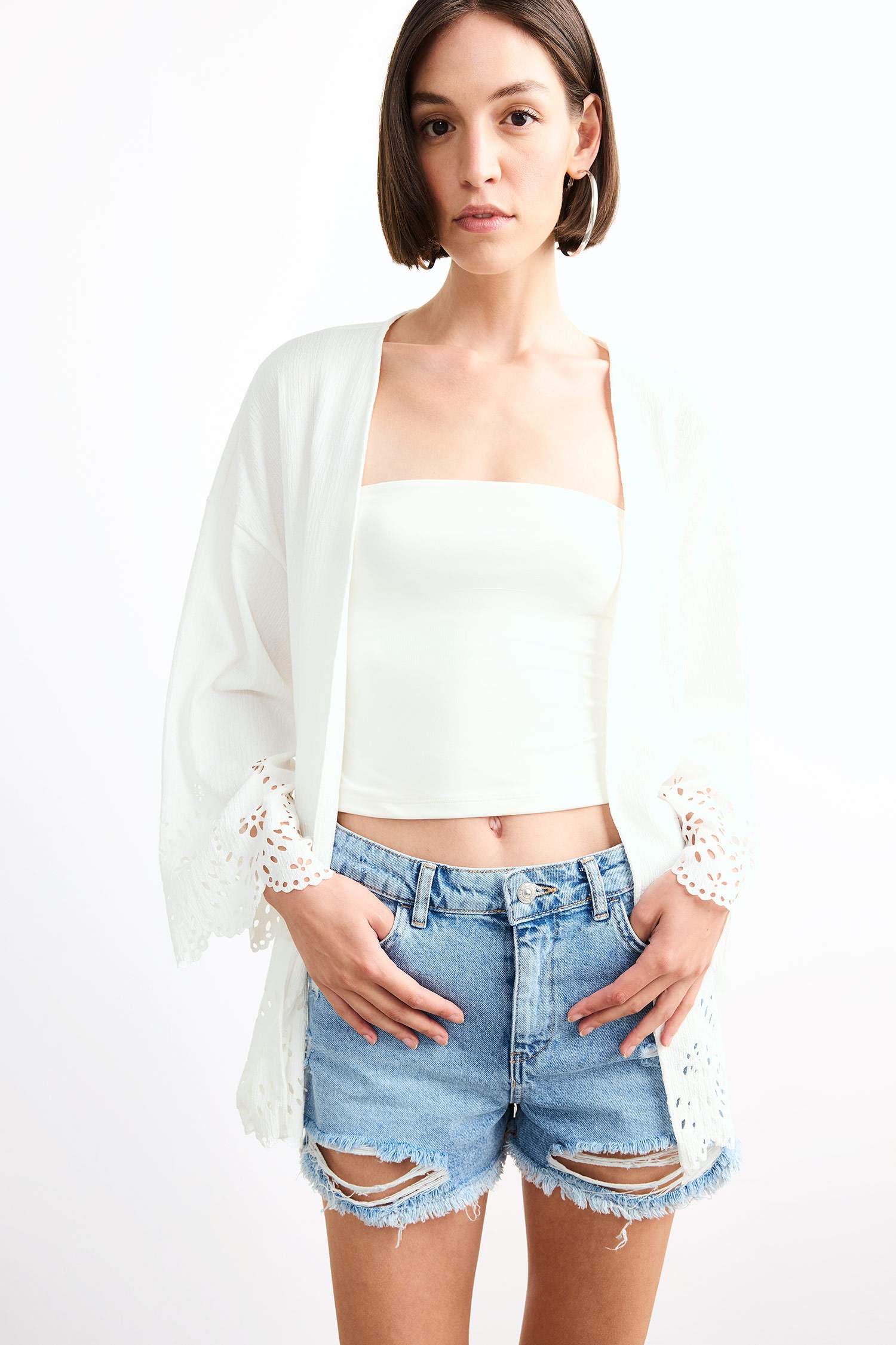 Fitted Bürümcük Brode Bağlamalı Uzun Kollu Bluz