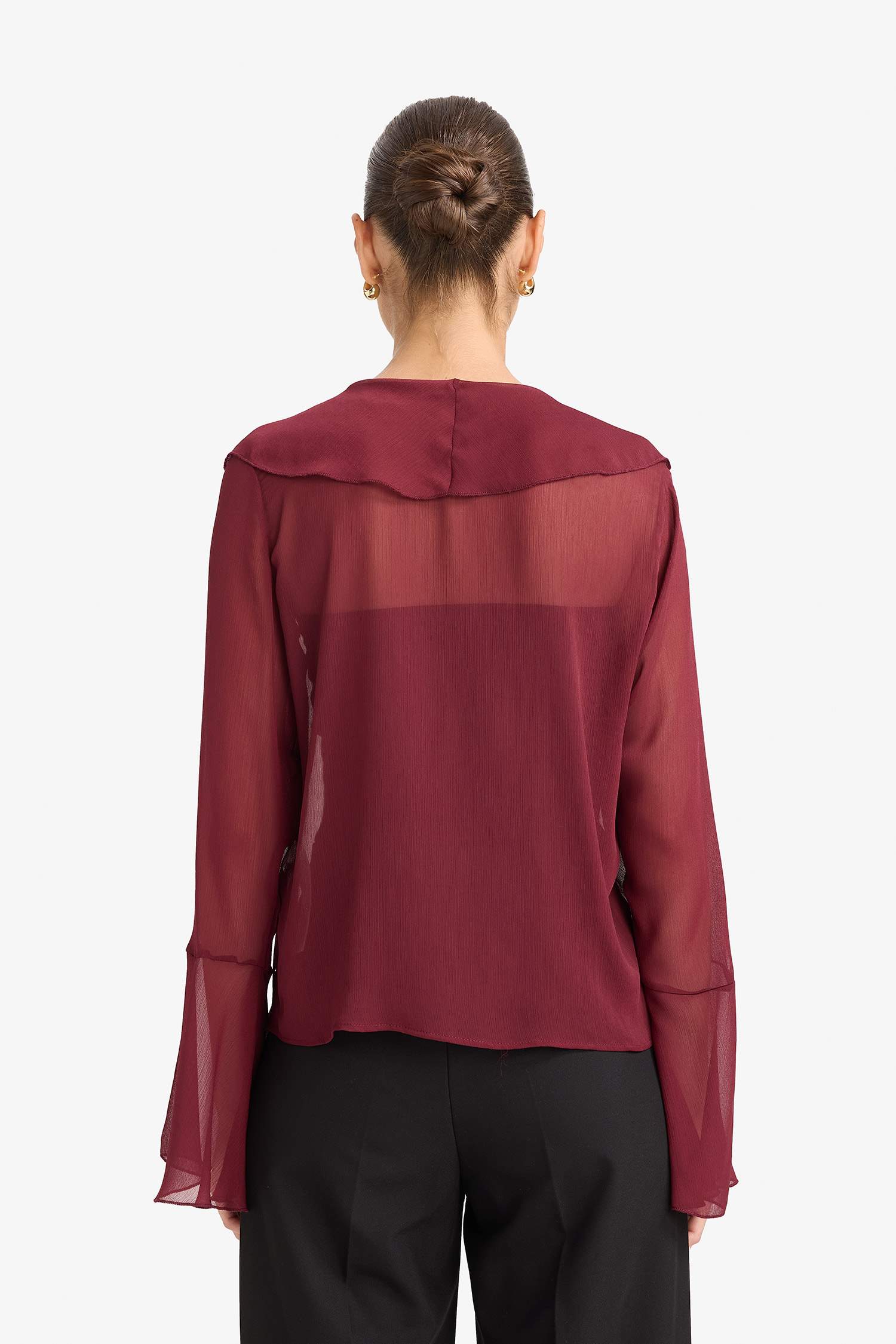 Regular Fit V-Neck Chiffon Long Sleeve Blouse