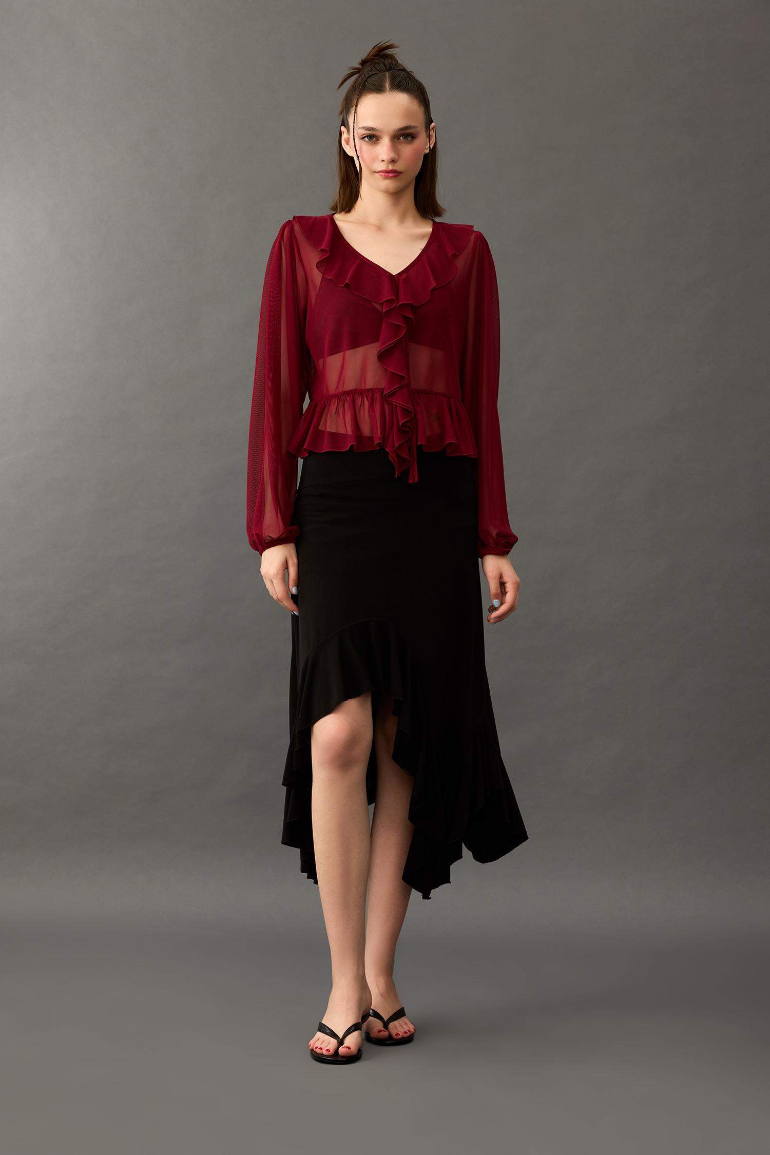 V Yaka Şifon Volanlı Uzun Kollu Bluz