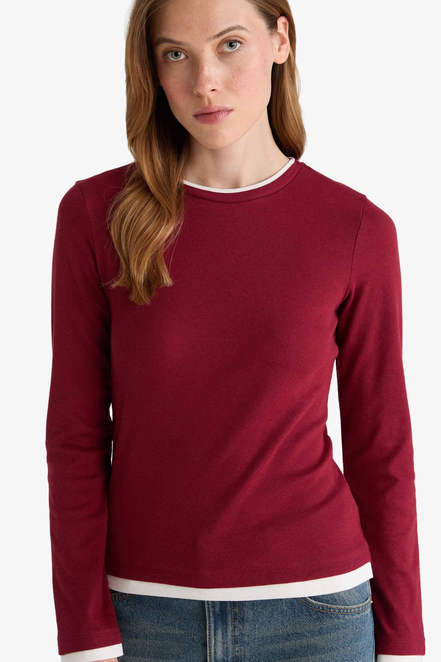 Regular Fit Bisiklet Yaka Uzun Kollu Ribana Üst