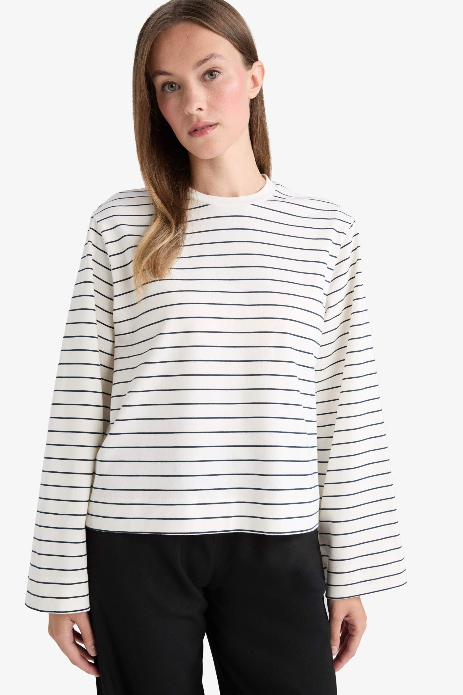 Regular Fit Bisiklet Yaka Uzun Kollu Çizgili Tunik