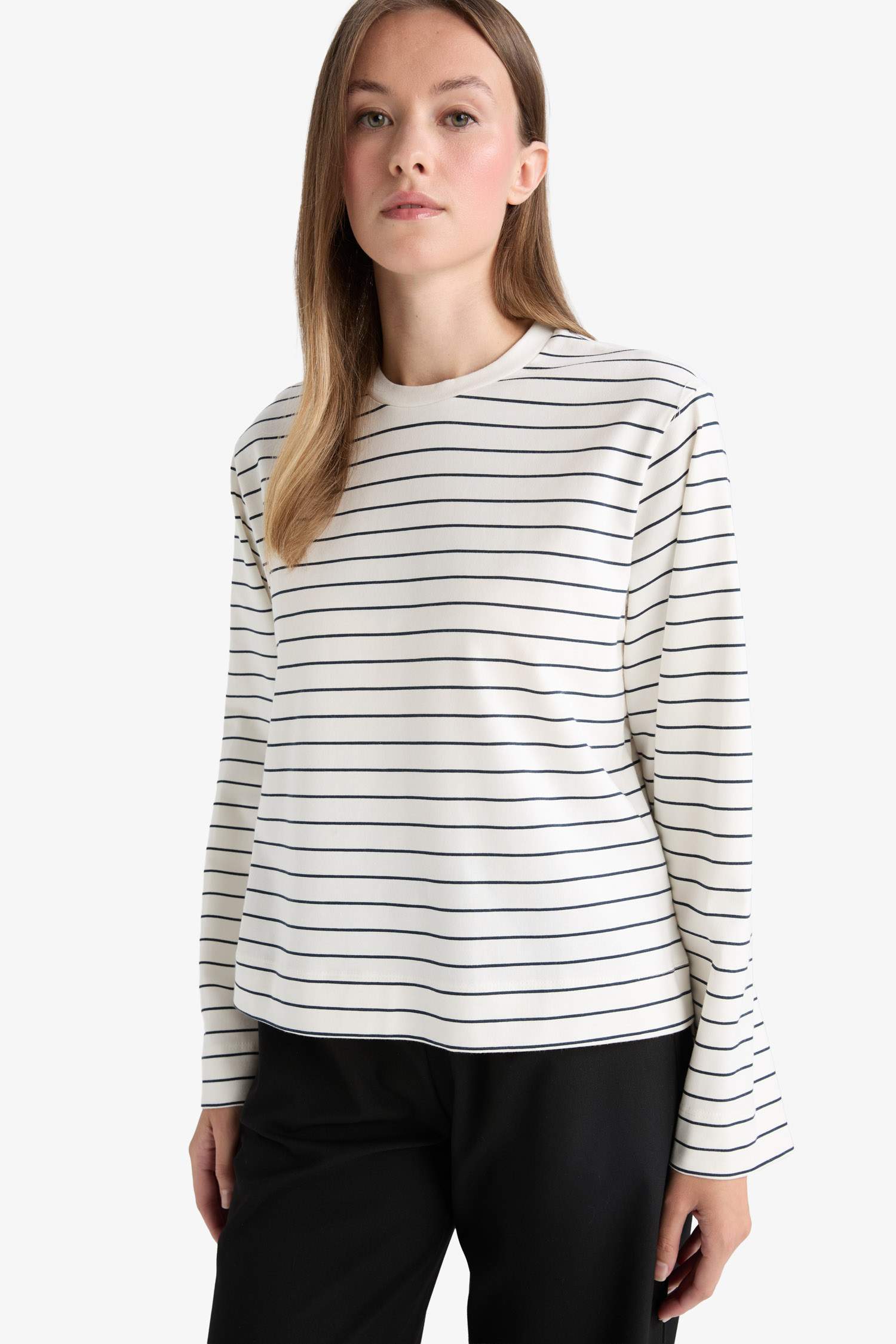 Regular Fit Bisiklet Yaka Uzun Kollu Çizgili Tunik