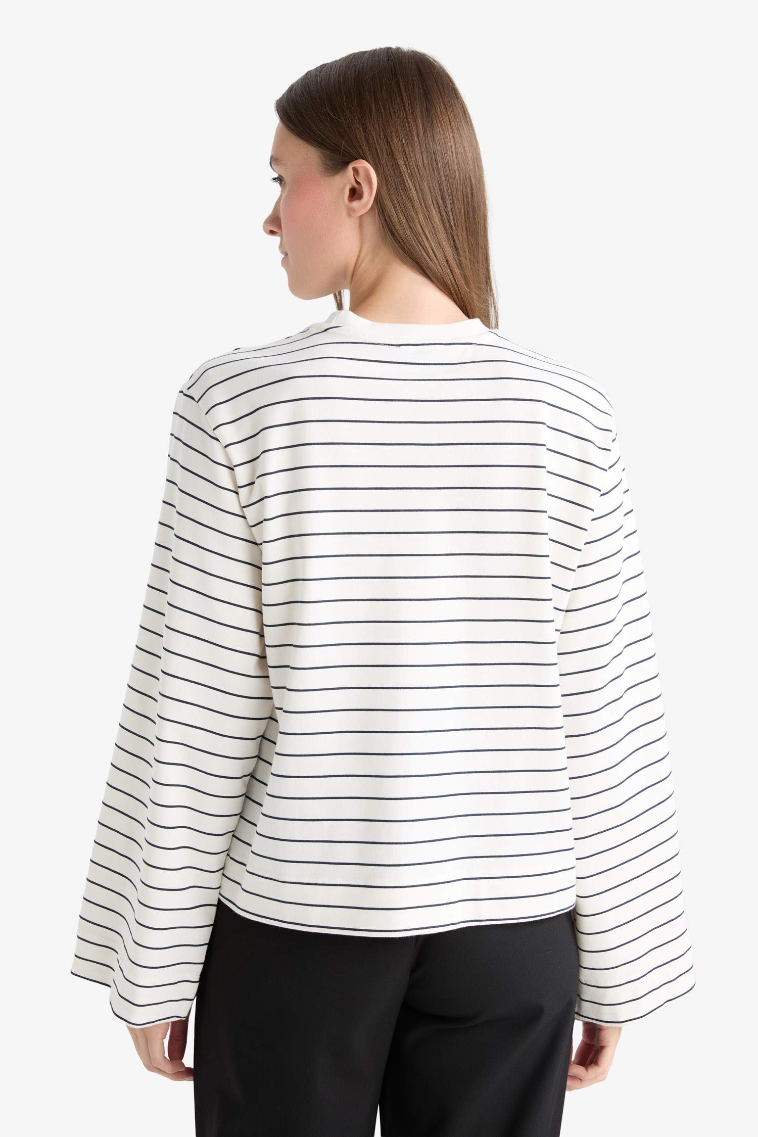 Regular Fit Bisiklet Yaka Uzun Kollu Çizgili Tunik