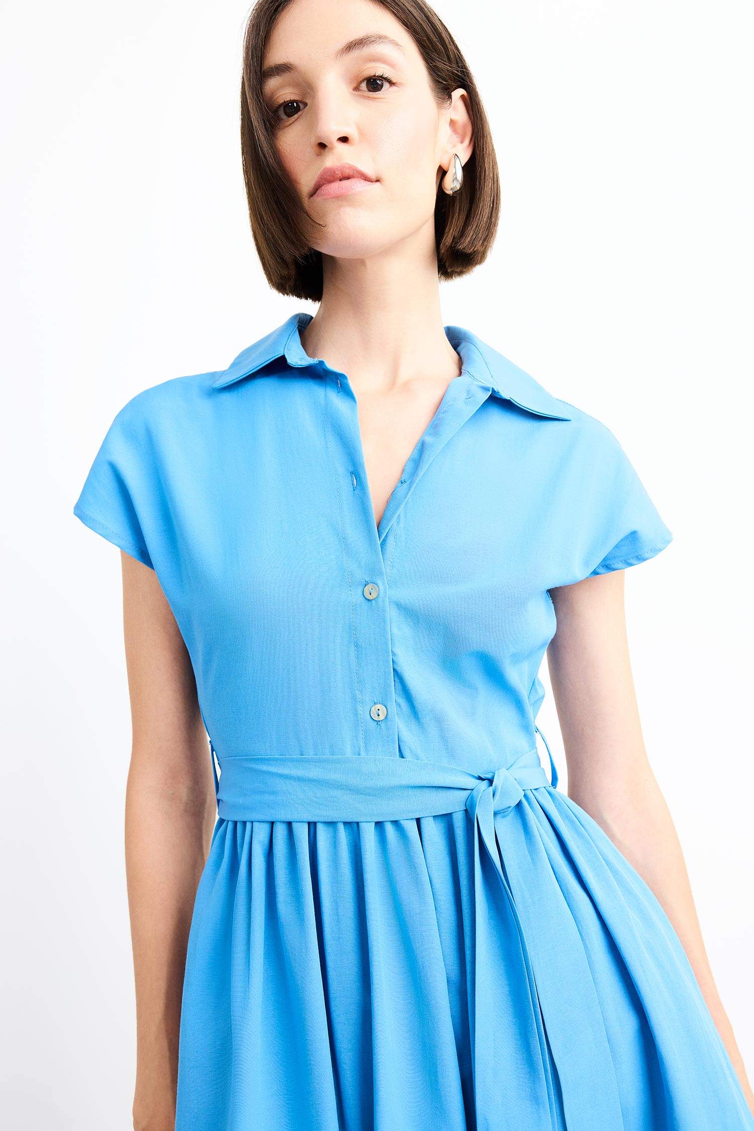 Terry Cotton Kısa Kollu Kemerli Midi Elbise