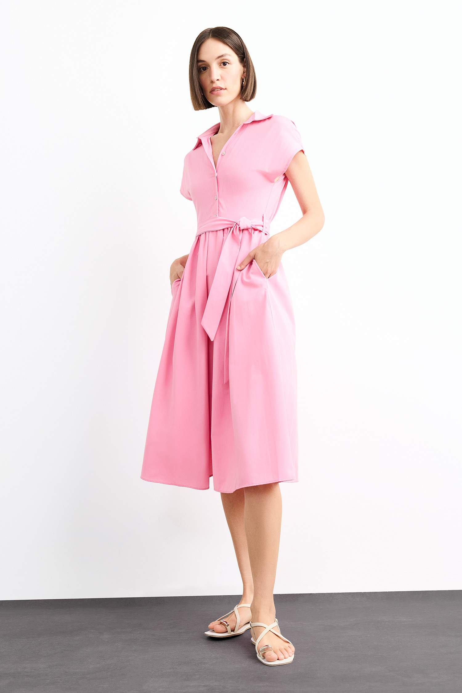 Terry Cotton Kısa Kollu Kemerli Midi Elbise