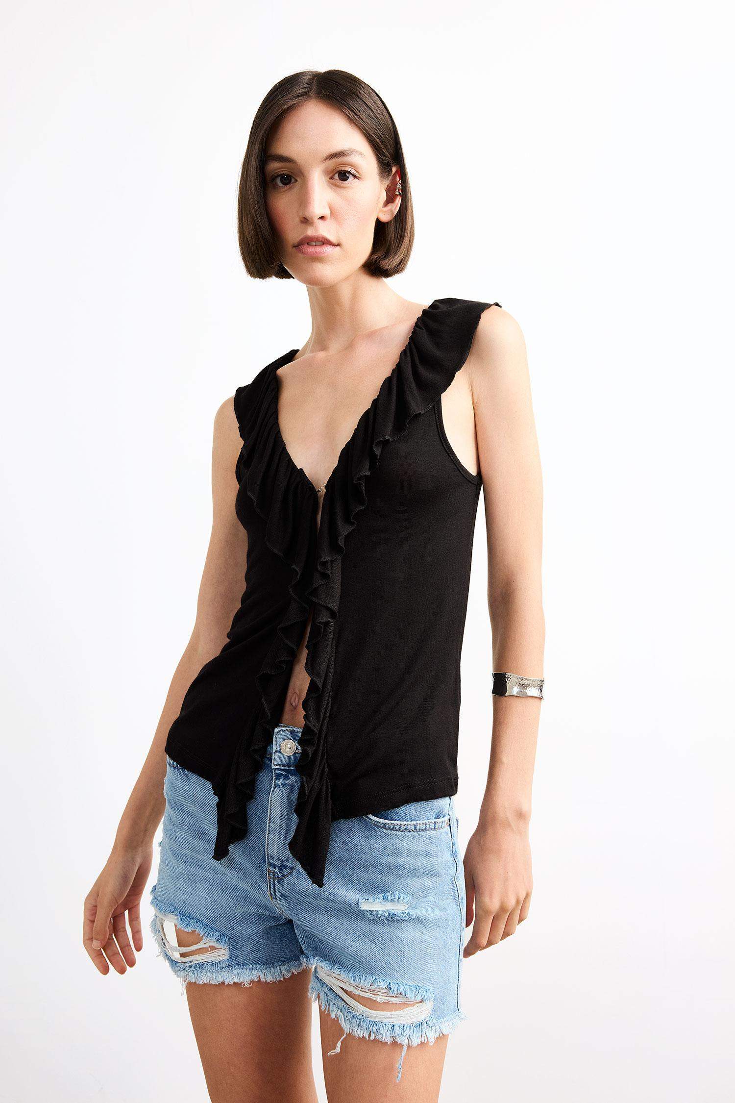 V-Neck Flounce Viscose Sleeveless Blouse