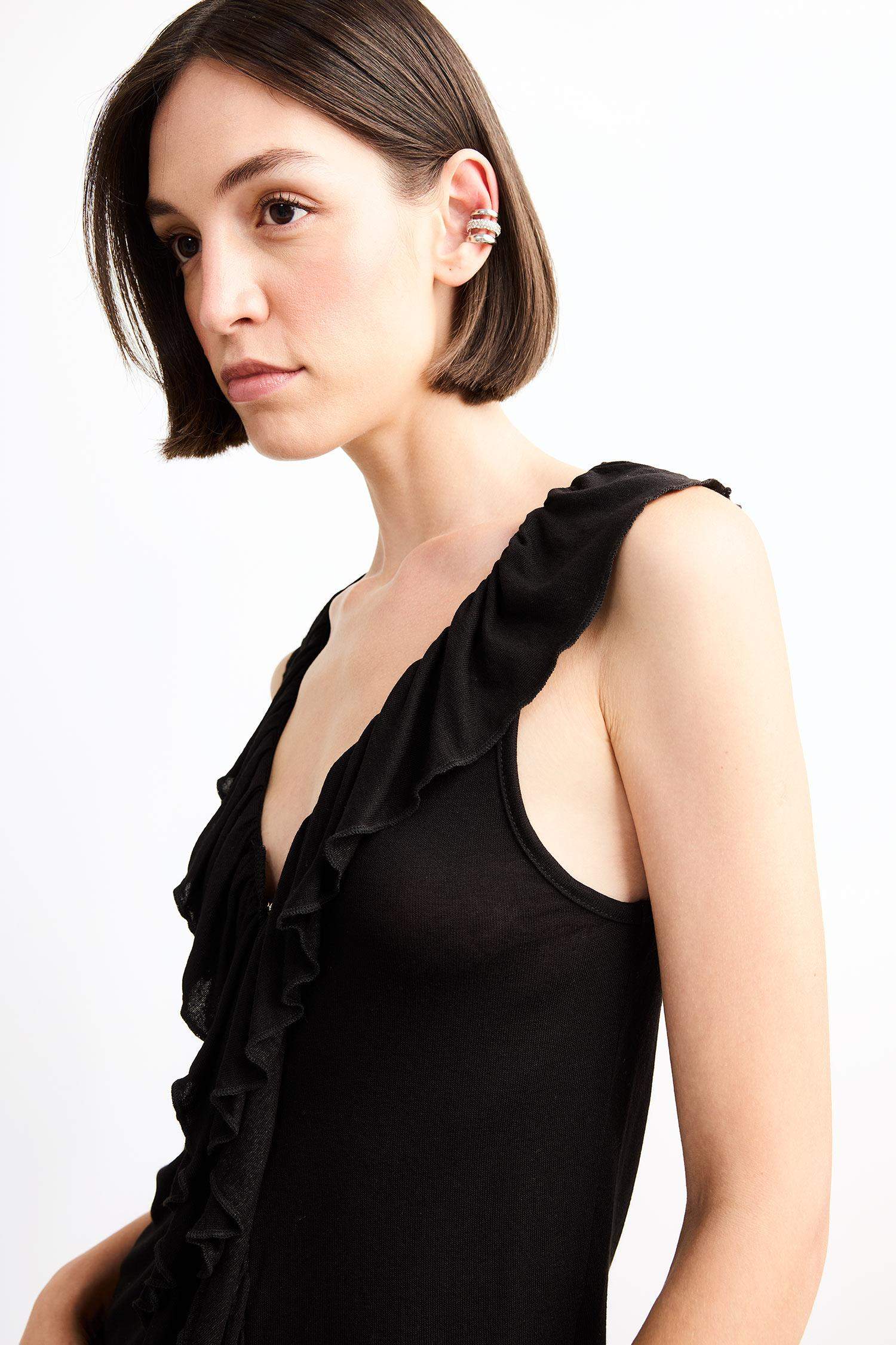 V-Neck Flounce Viscose Sleeveless Blouse