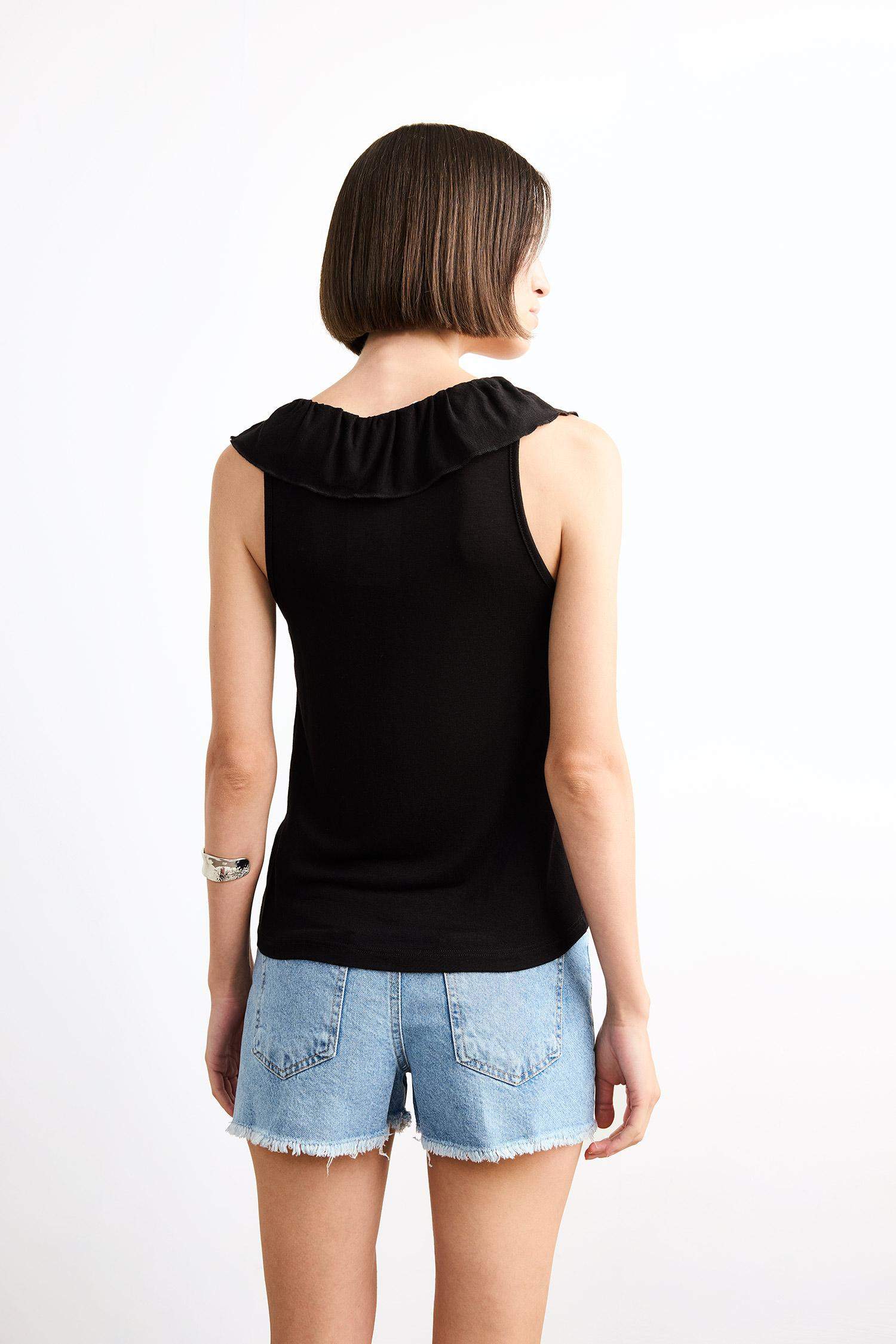 V-Neck Flounce Viscose Sleeveless Blouse