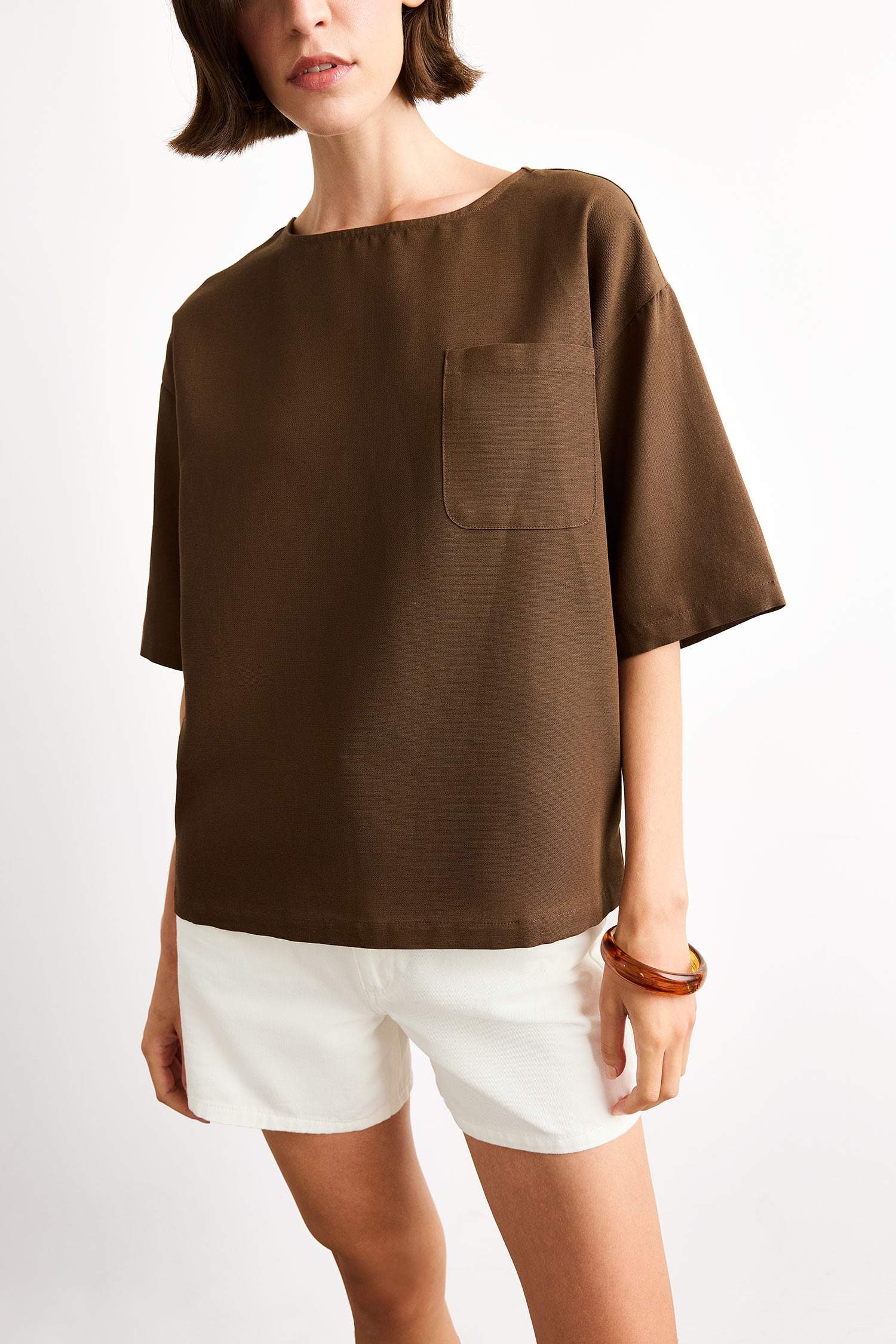 Relax Fit Bisiklet Yaka Dokuma Kısa Kollu Bluz