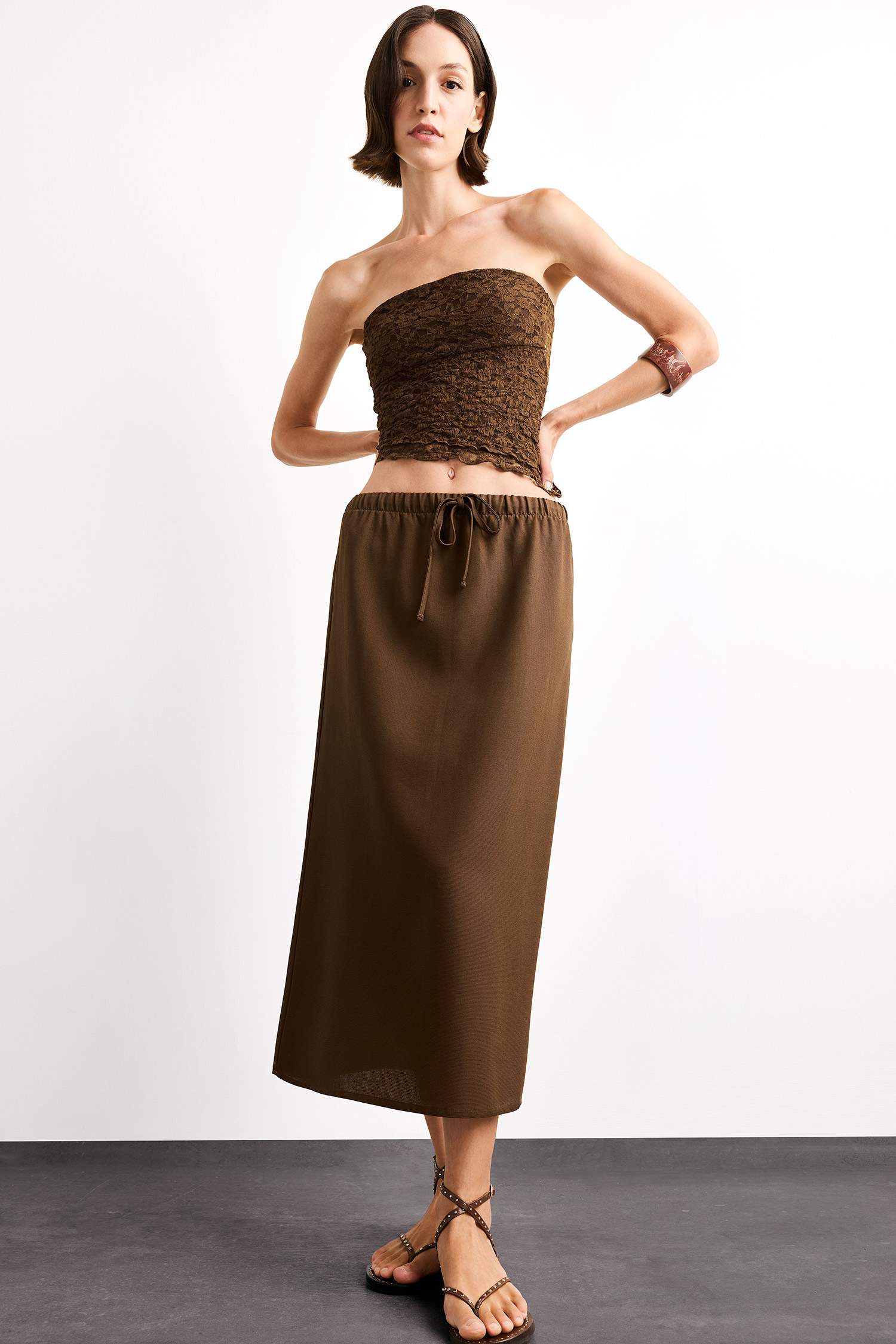 Relax Fit Beli Lastikli Dokuma Midi Etek