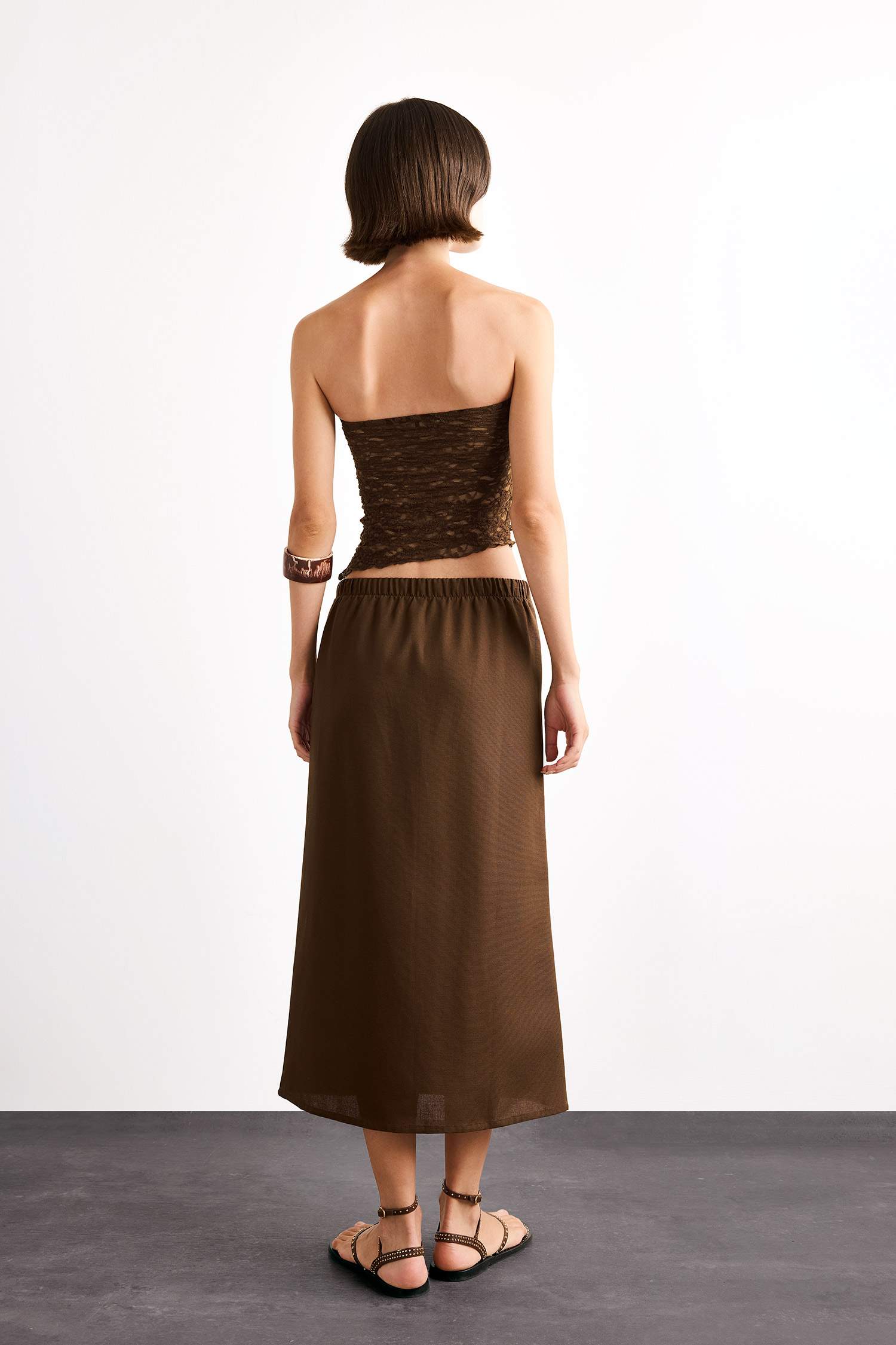 Relax Fit Beli Lastikli Dokuma Midi Etek