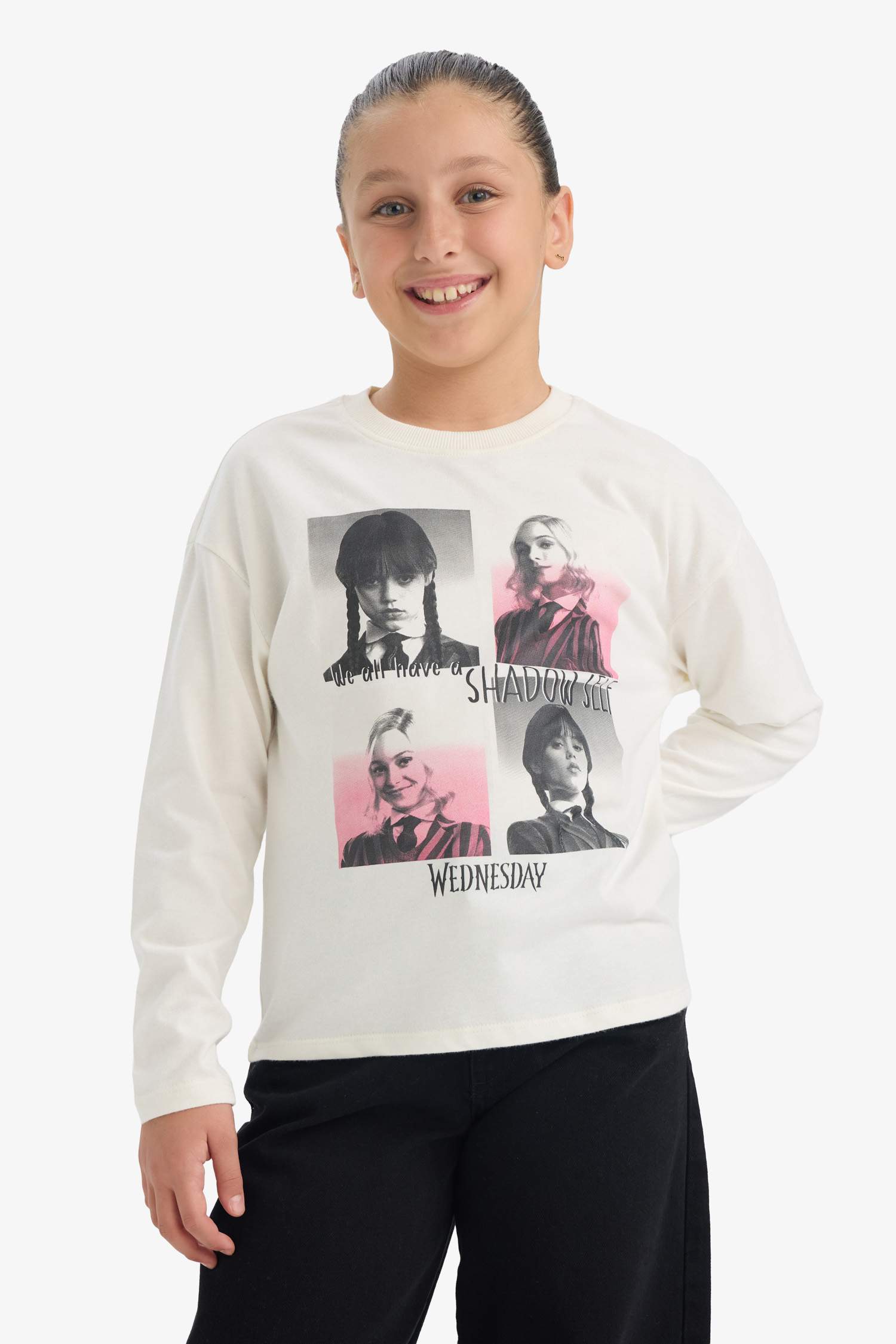 Kız Çocuk Wednesday Loose Fit Bisiklet Yaka Uzun Kollu Tişört