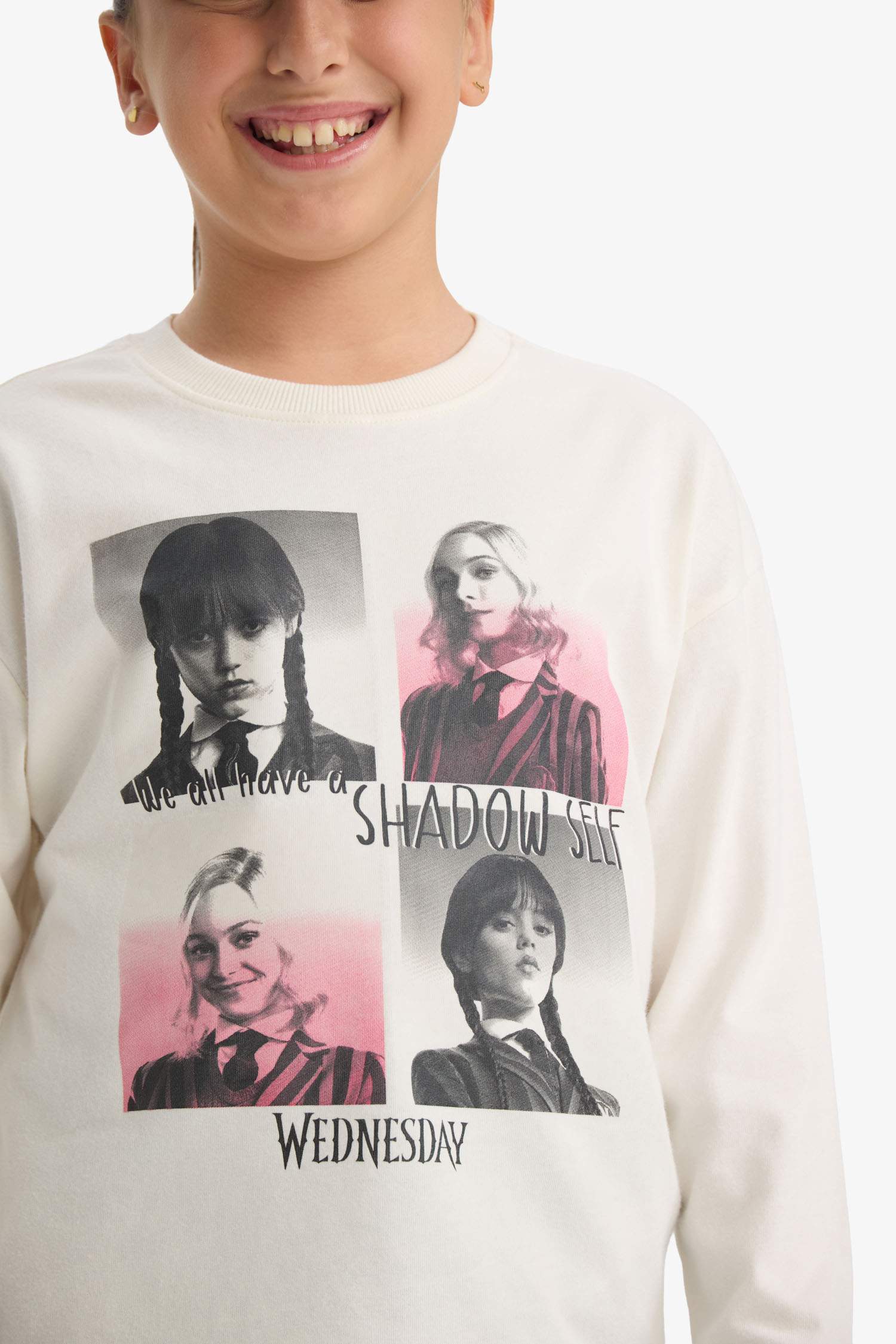 Kız Çocuk Wednesday Loose Fit Bisiklet Yaka Uzun Kollu Tişört