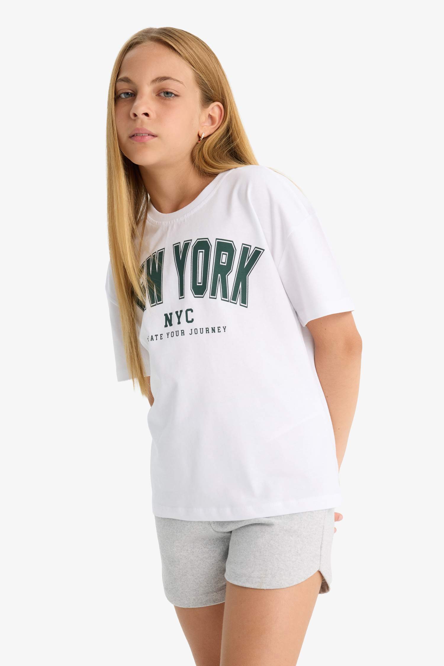 Kız Çocuk Relax Fit Bisiklet Yaka Baskılı Kısa Kollu Tişört