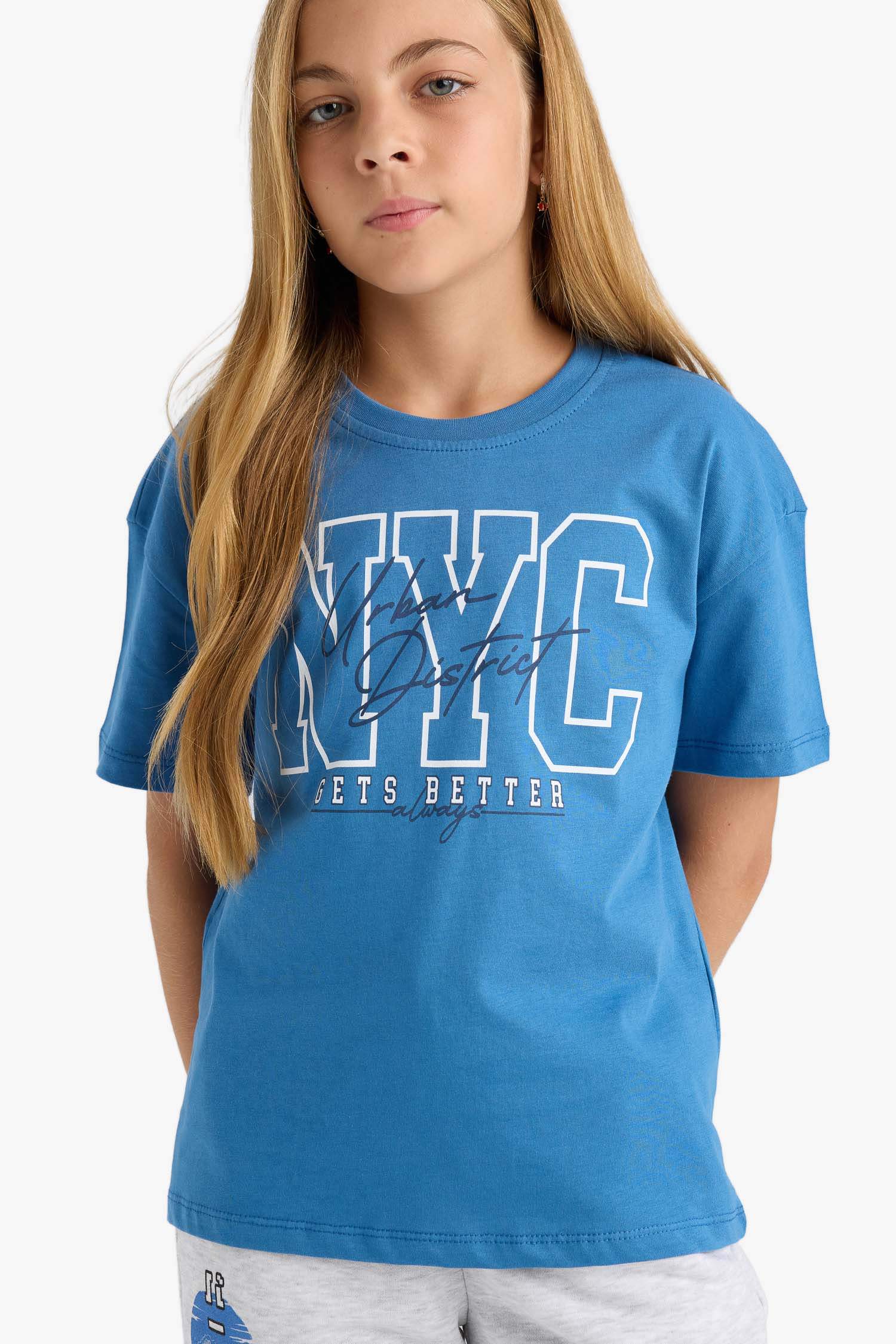 Kız Çocuk Relax Fit Bisiklet Yaka Baskılı Kısa Kollu Tişört