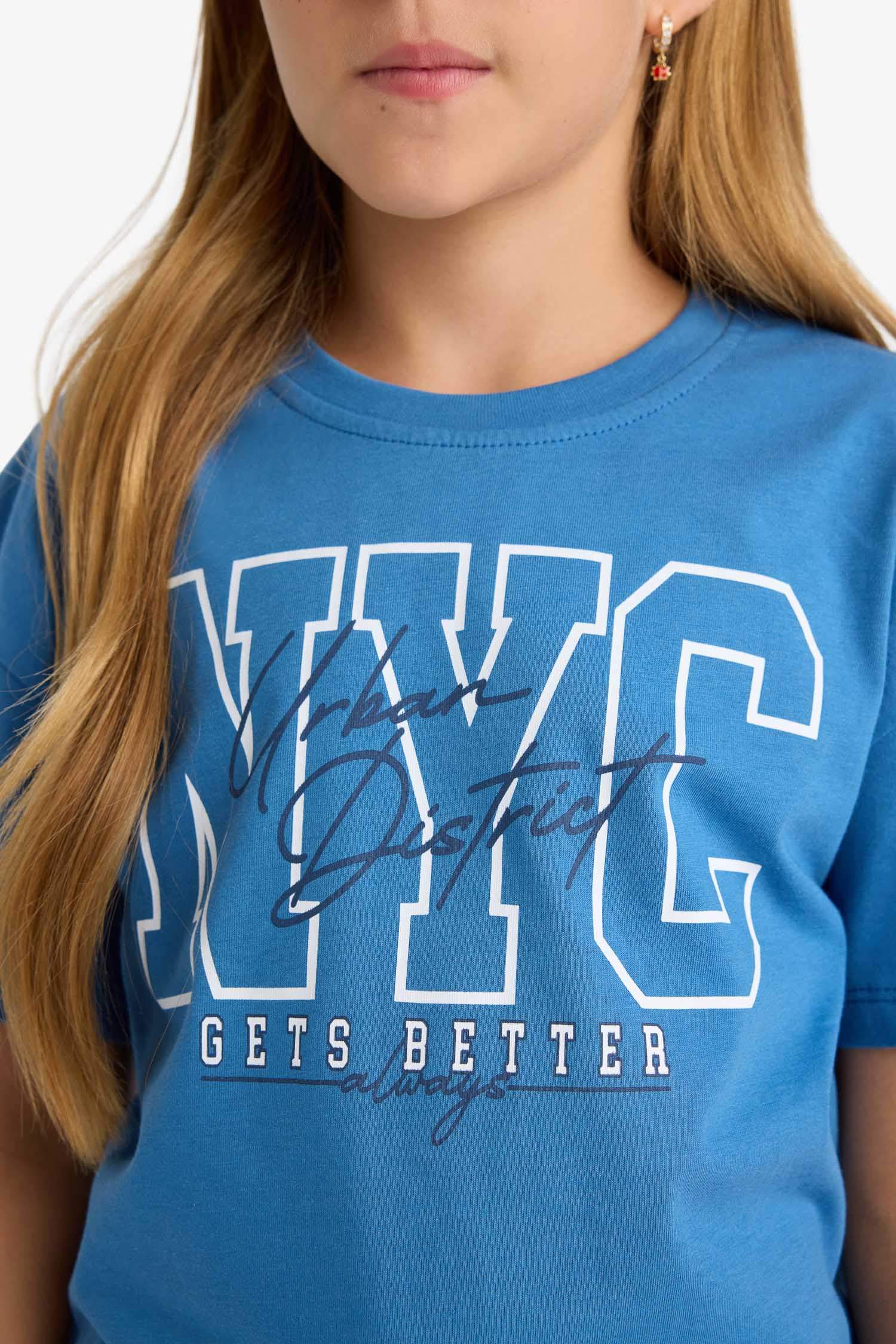 Kız Çocuk Relax Fit Bisiklet Yaka Baskılı Kısa Kollu Tişört