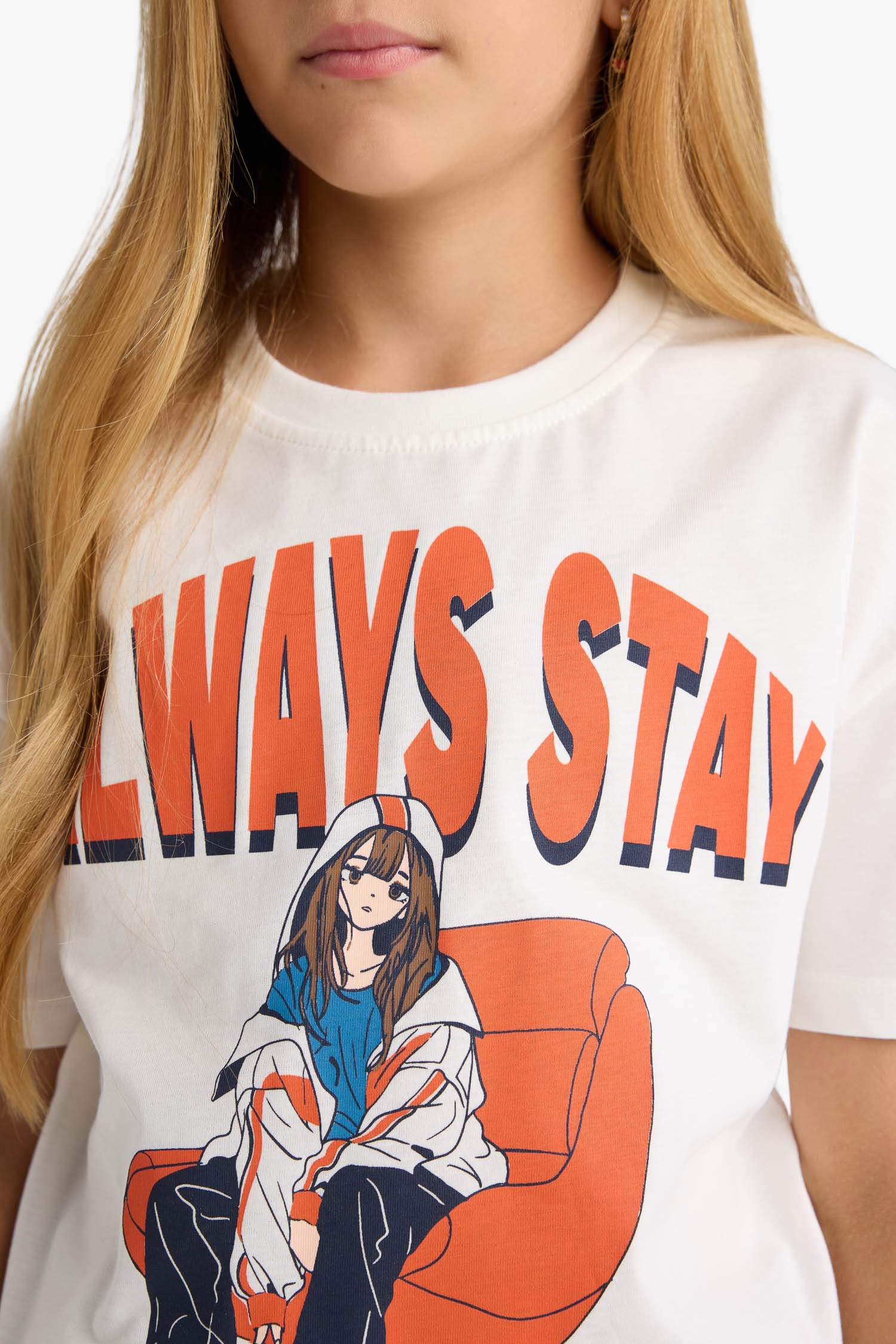 Kız Çocuk Relax Fit Bisiklet Yaka Baskılı Kısa Kollu Tişört