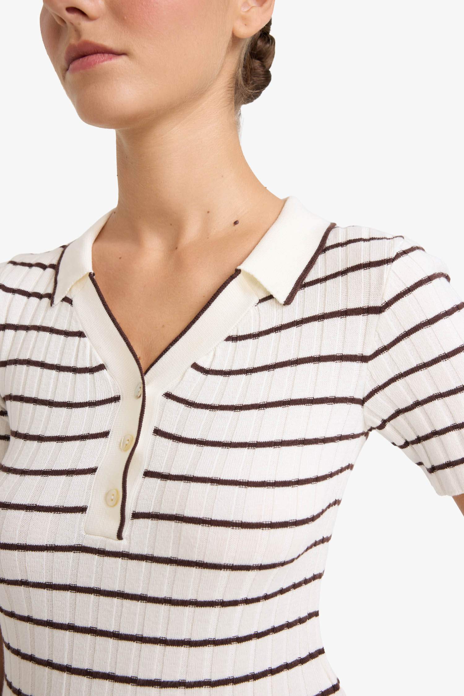 Fitted Polo Yaka Çizgili Kısa Kollu Triko Kazak