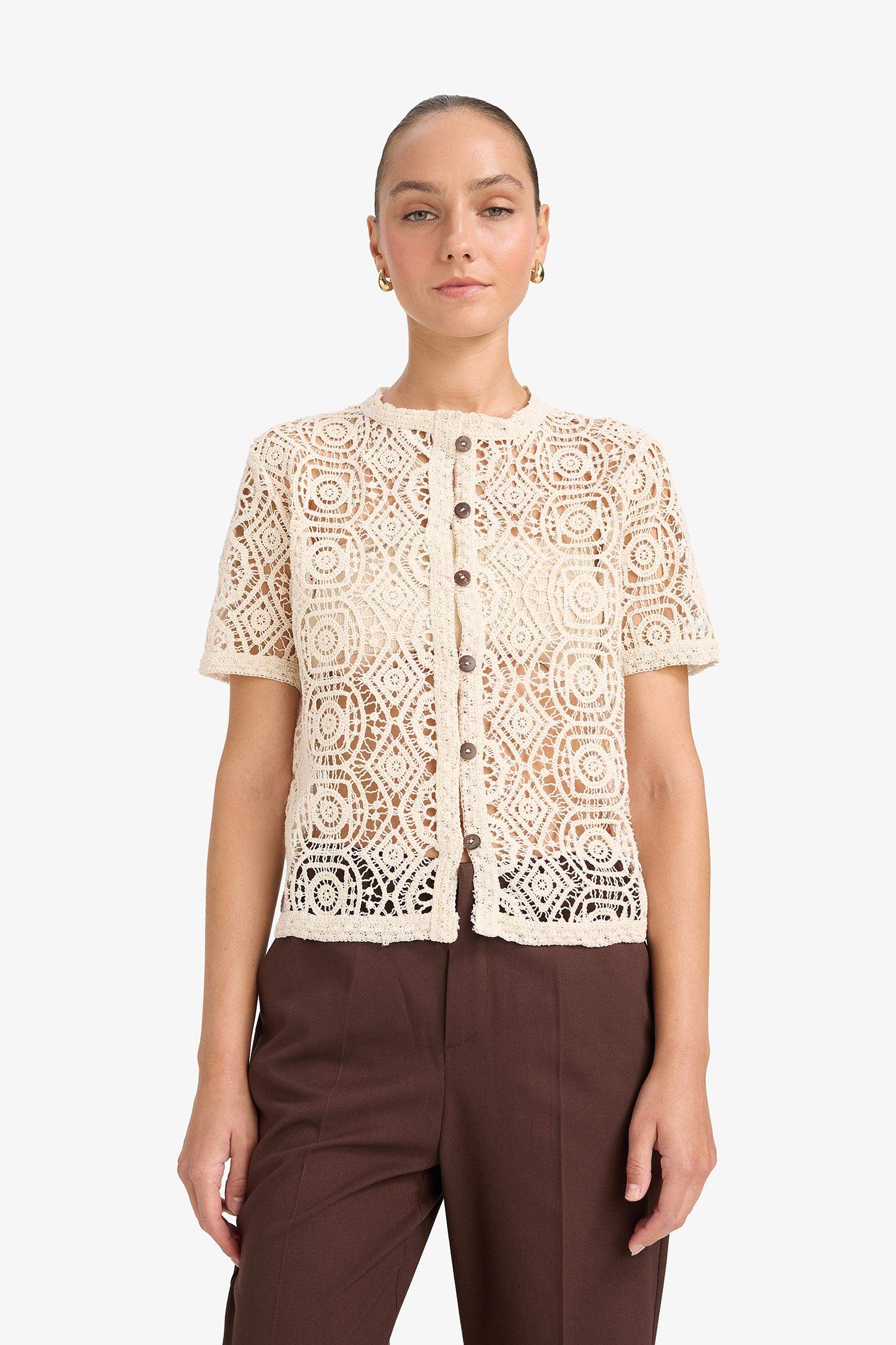 Regular Fit Crew Neck Embroidered Cardigan