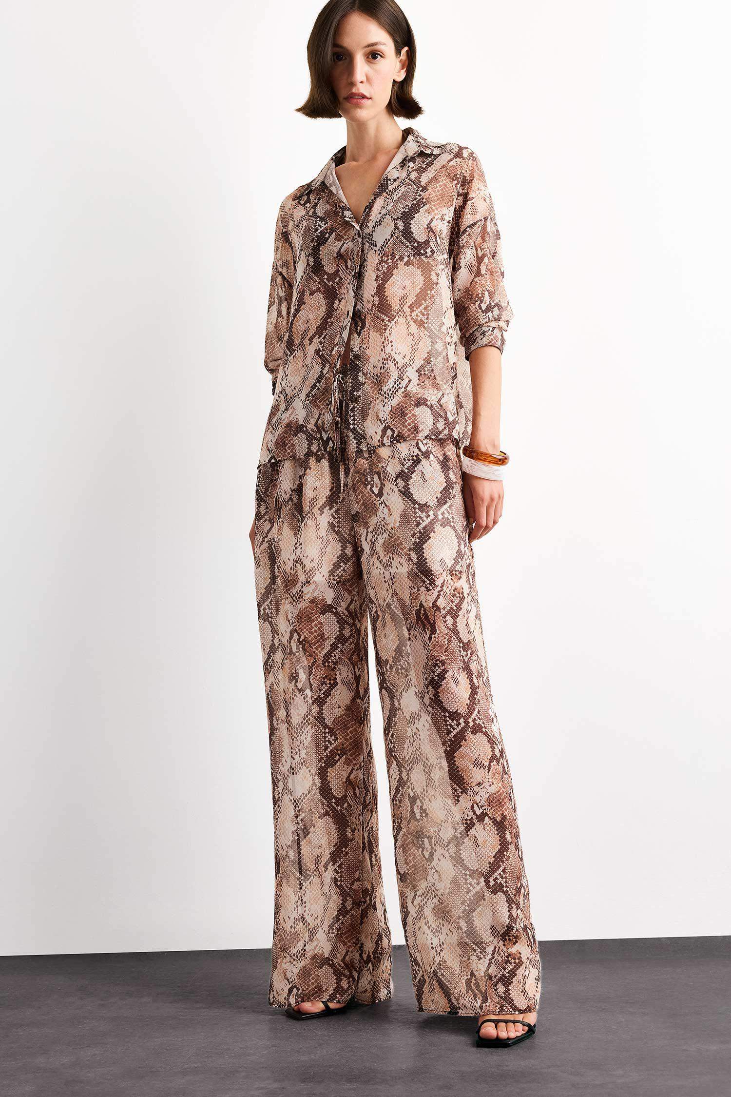 Relax Fit Normal Bel Desenli Düz Paça Şifon Pantolon