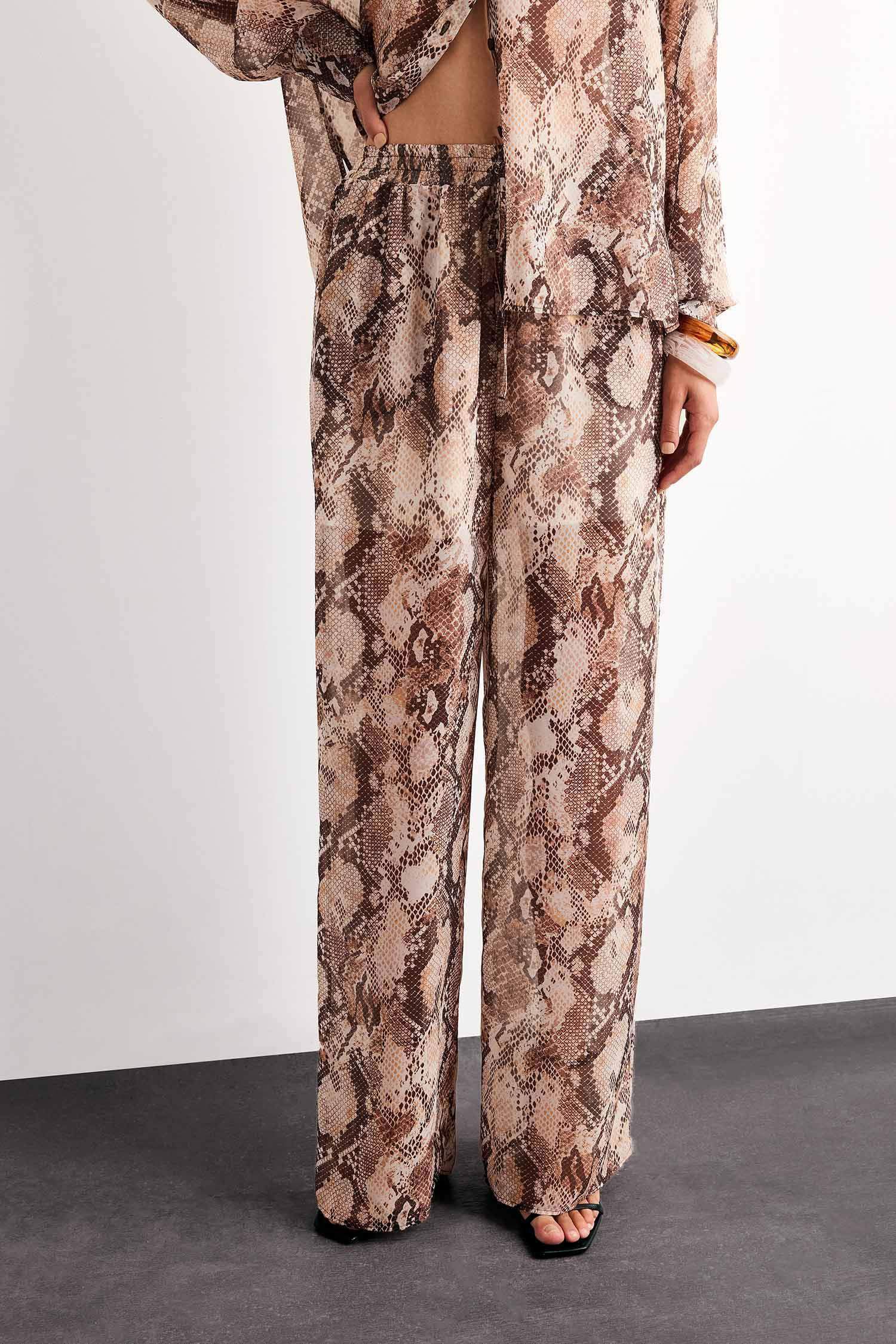 Relax Fit Normal Bel Desenli Düz Paça Şifon Pantolon