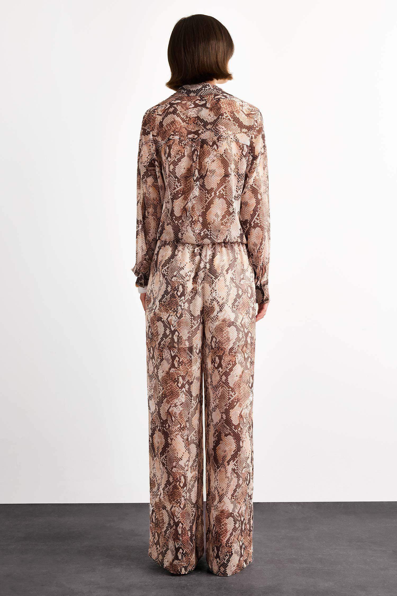 Relax Fit Normal Bel Desenli Düz Paça Şifon Pantolon