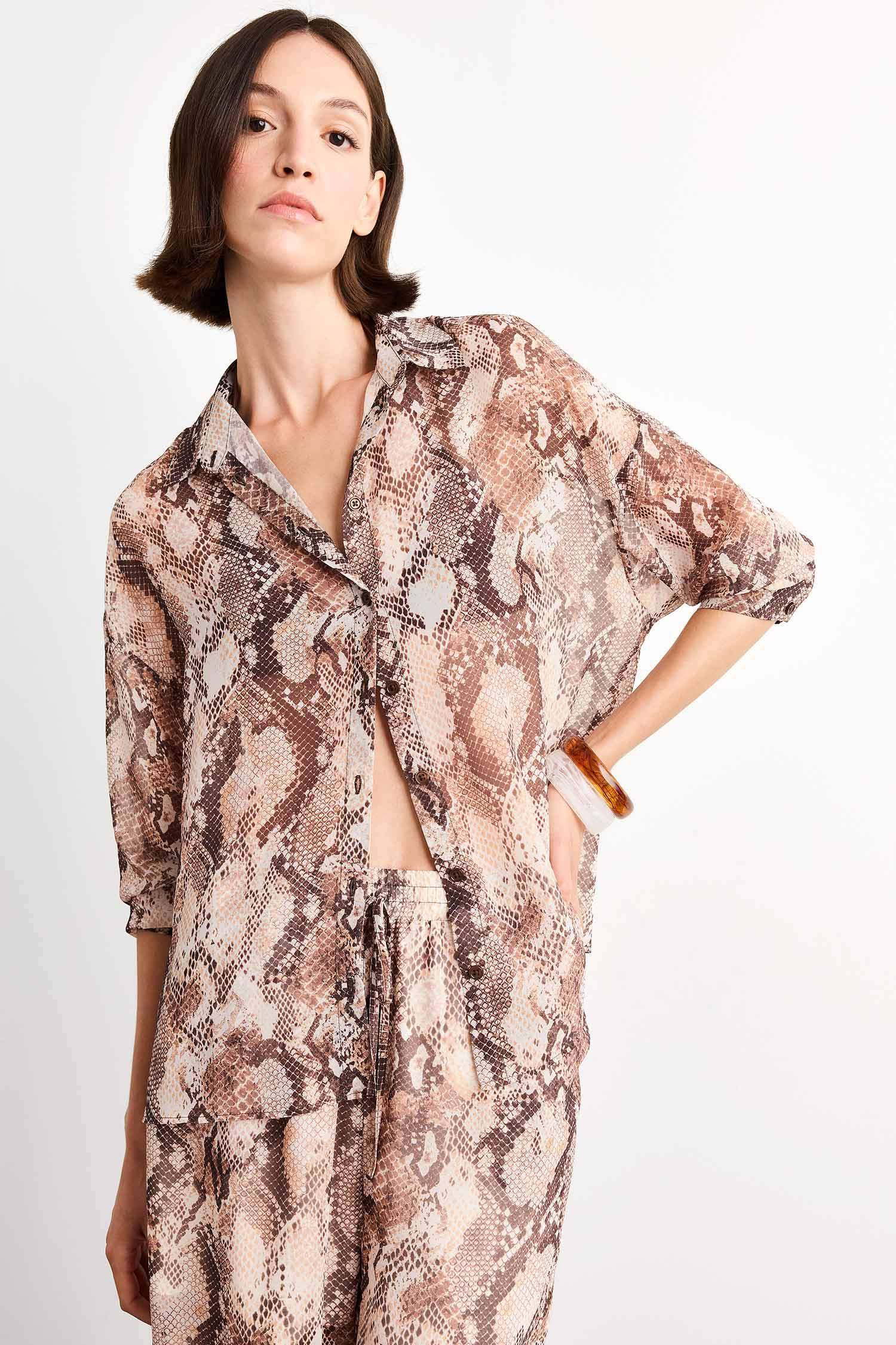 قميص ردن طويل شيفون قصة مريحة بياخة V