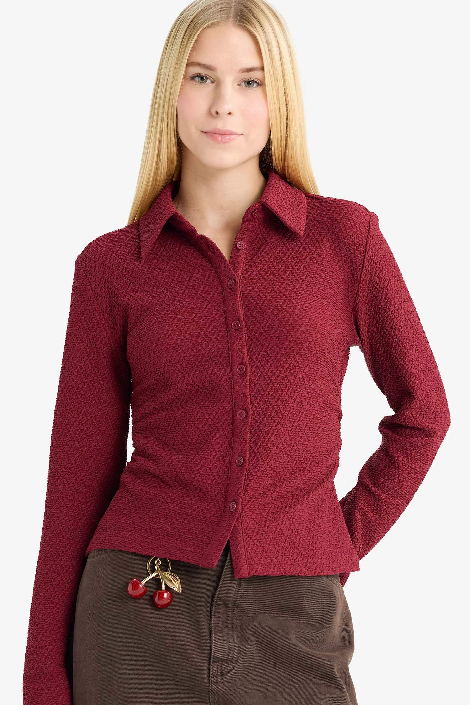 قميص كم طويل القماش المنسوج سليم فيت بياقة قميص