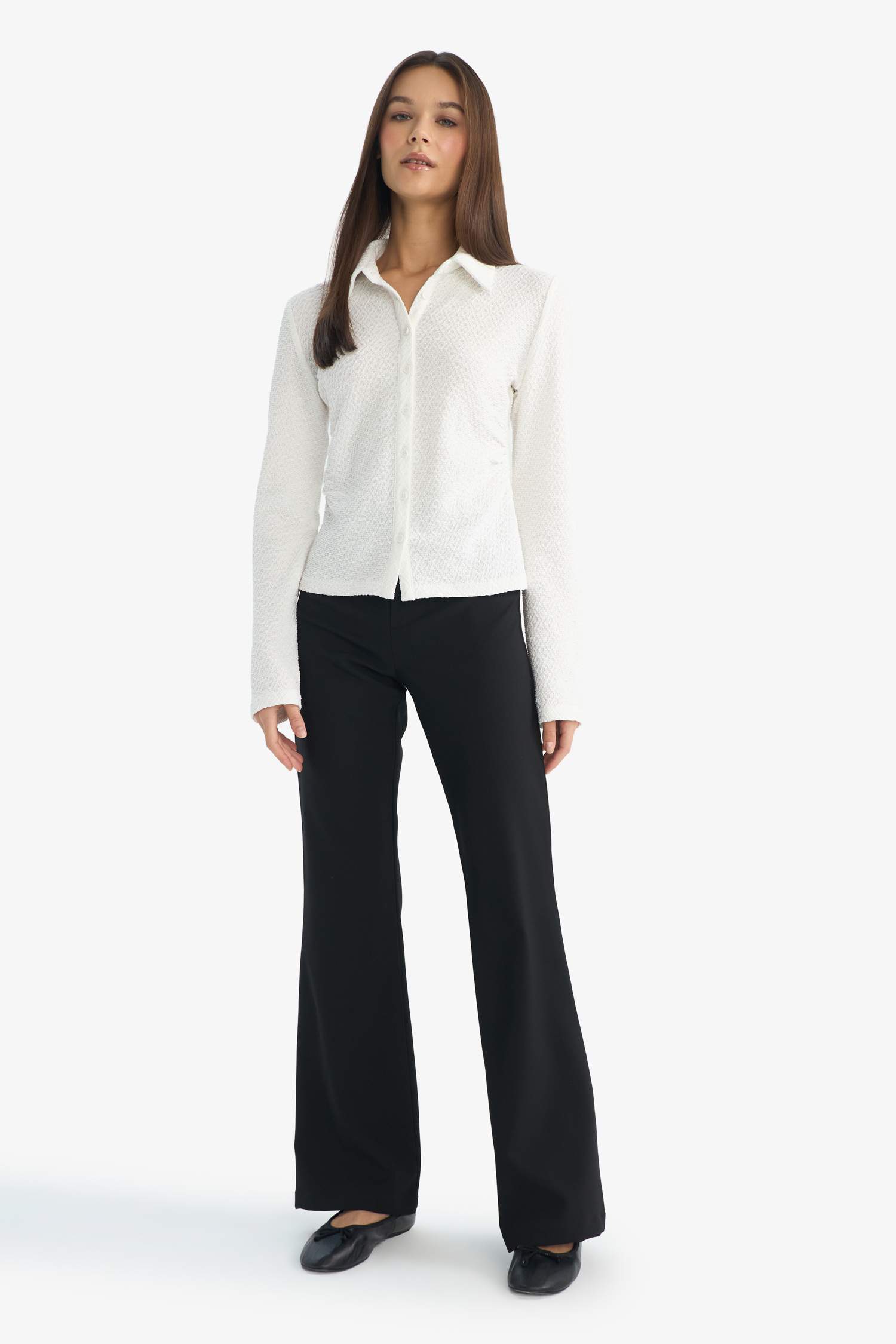 قميص كم طويل القماش المنسوج سليم فيت بياقة قميص