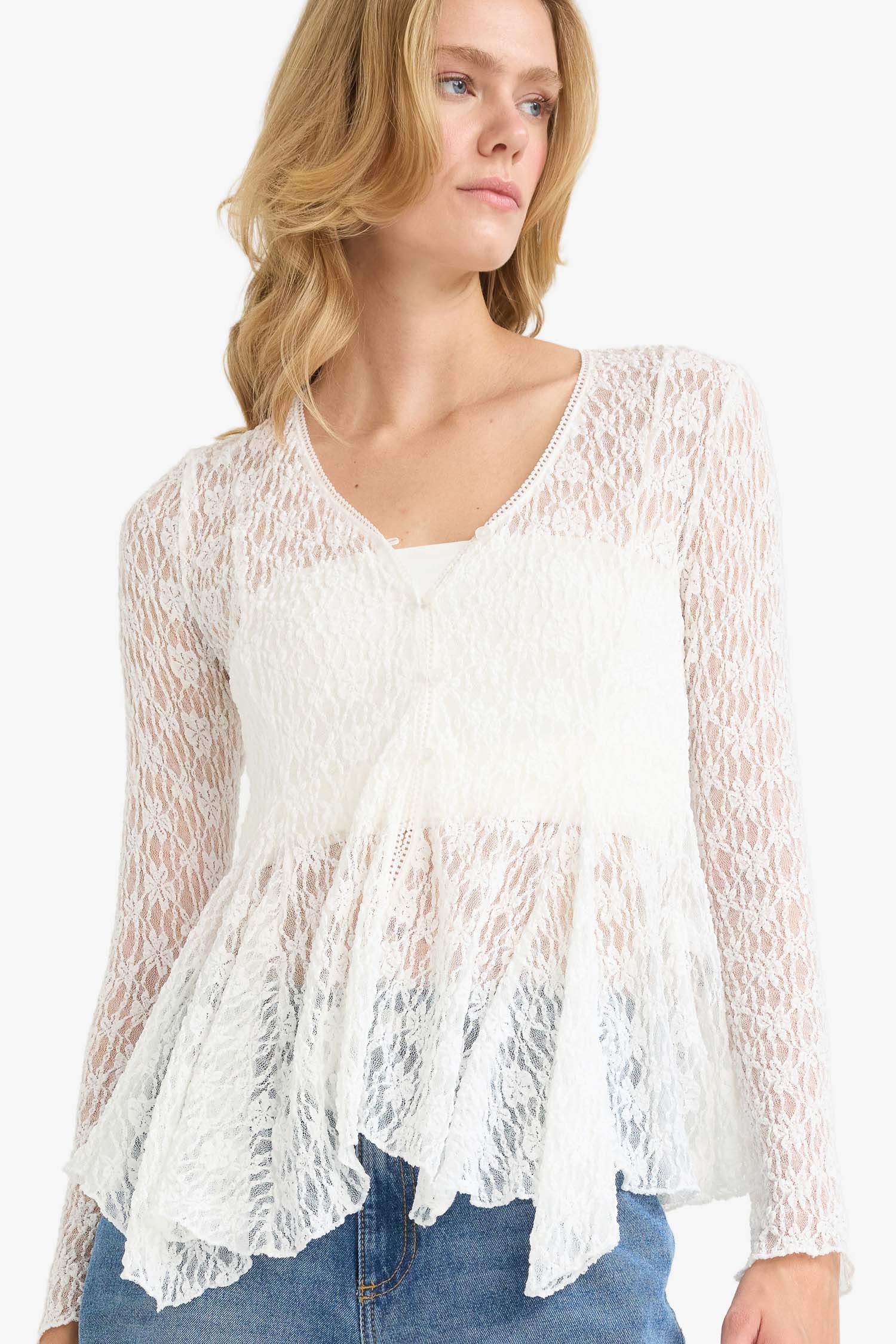 Fitted V Yaka Düğmeli Dantel Uzun Kollu Bluz