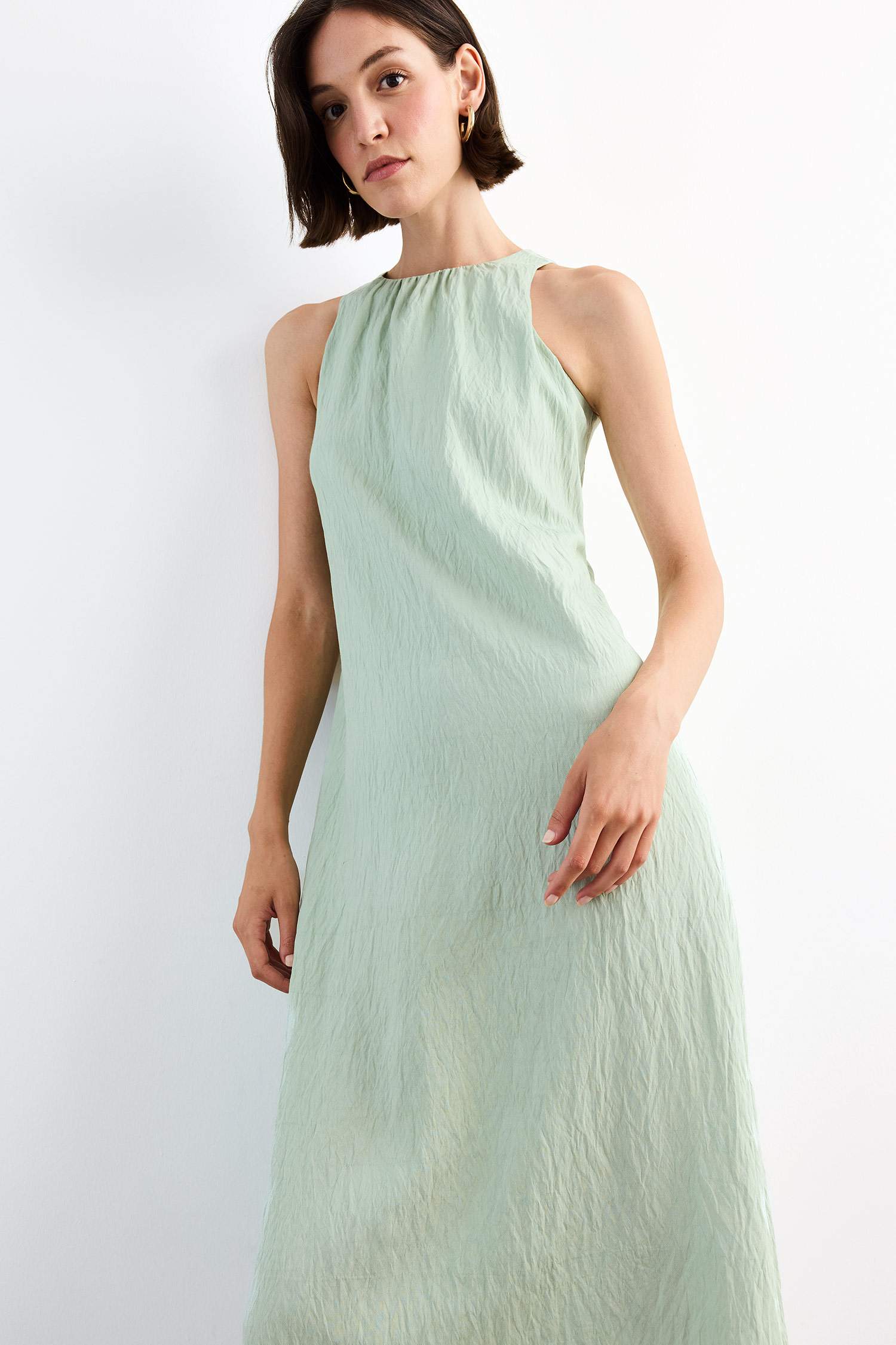 Krinkıl Kumaş Kolsuz Midi Elbise