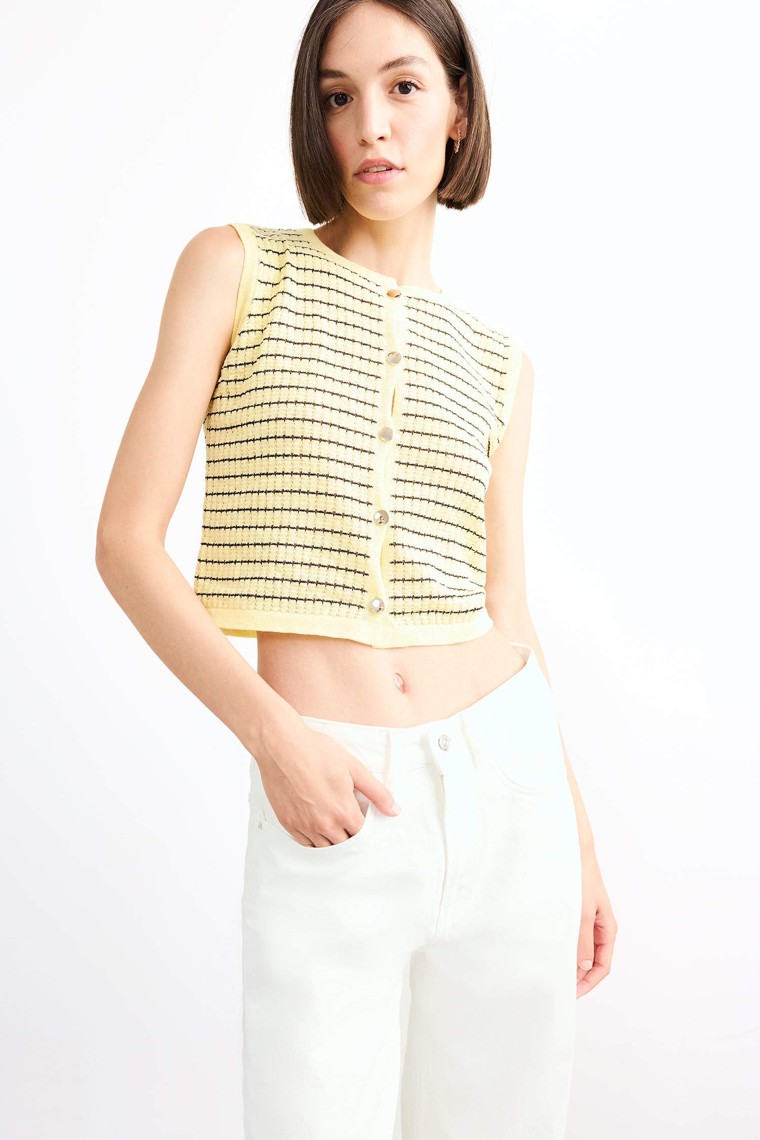 Bisiklet Yaka Çizgili Düğmeli Triko Yelek