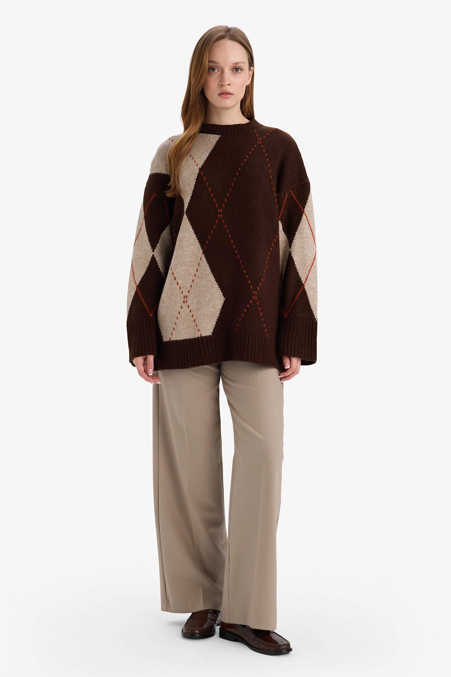 Regular Fit Bisiklet Yaka Baklava Desenli Triko Kazak Tunik