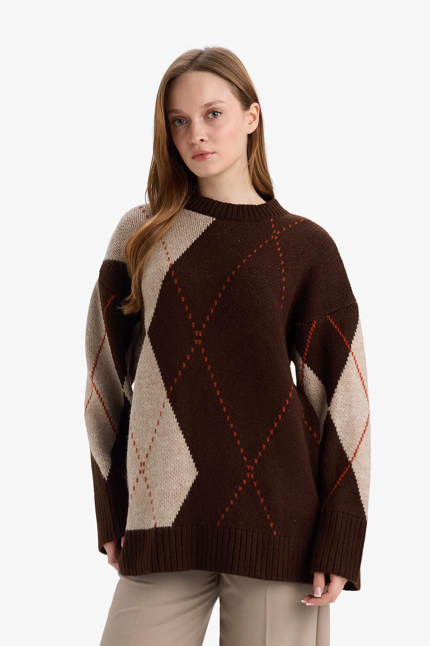 Regular Fit Bisiklet Yaka Baklava Desenli Triko Kazak Tunik