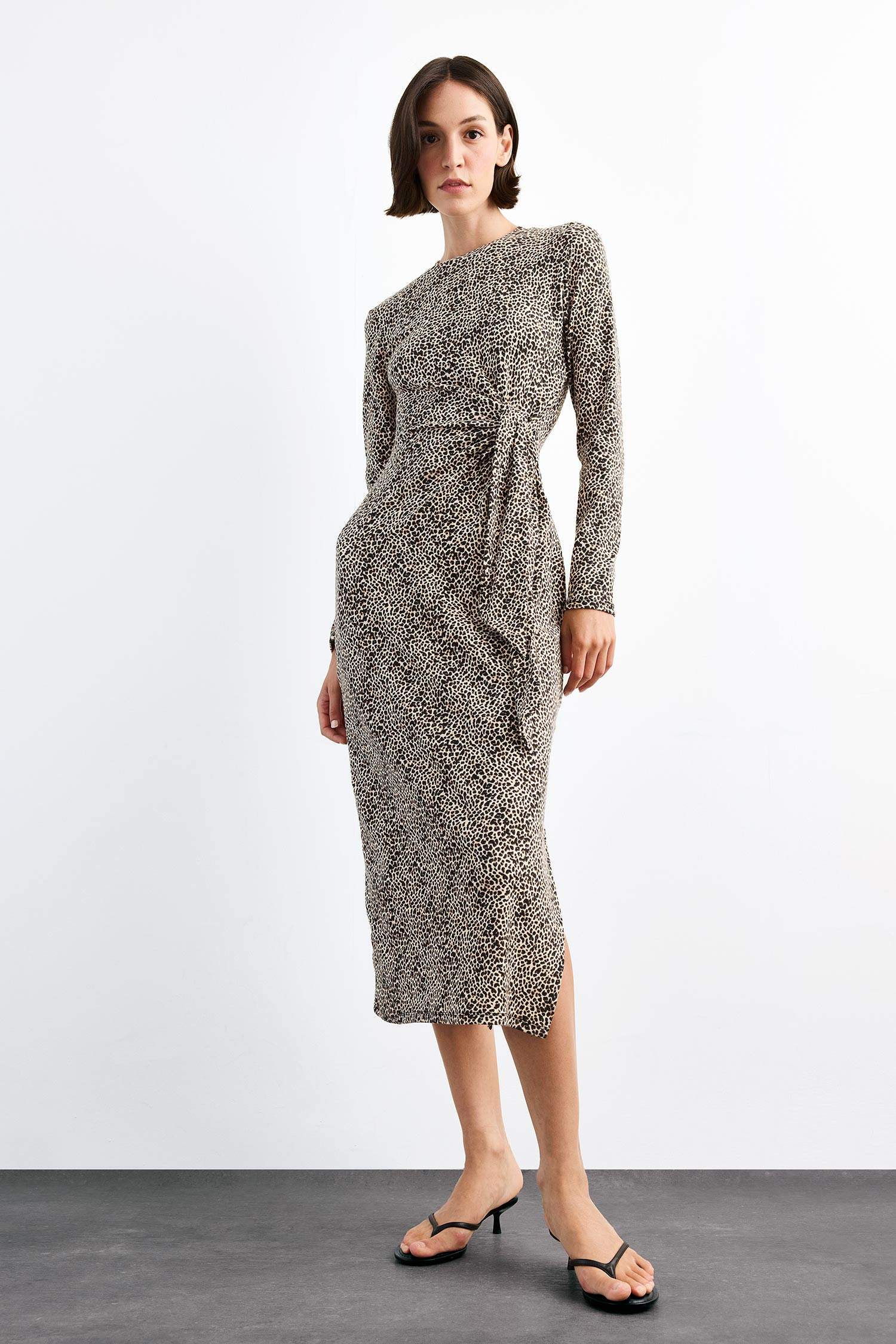Leopar Desenli Twill Uzun Kollu Midi Elbise