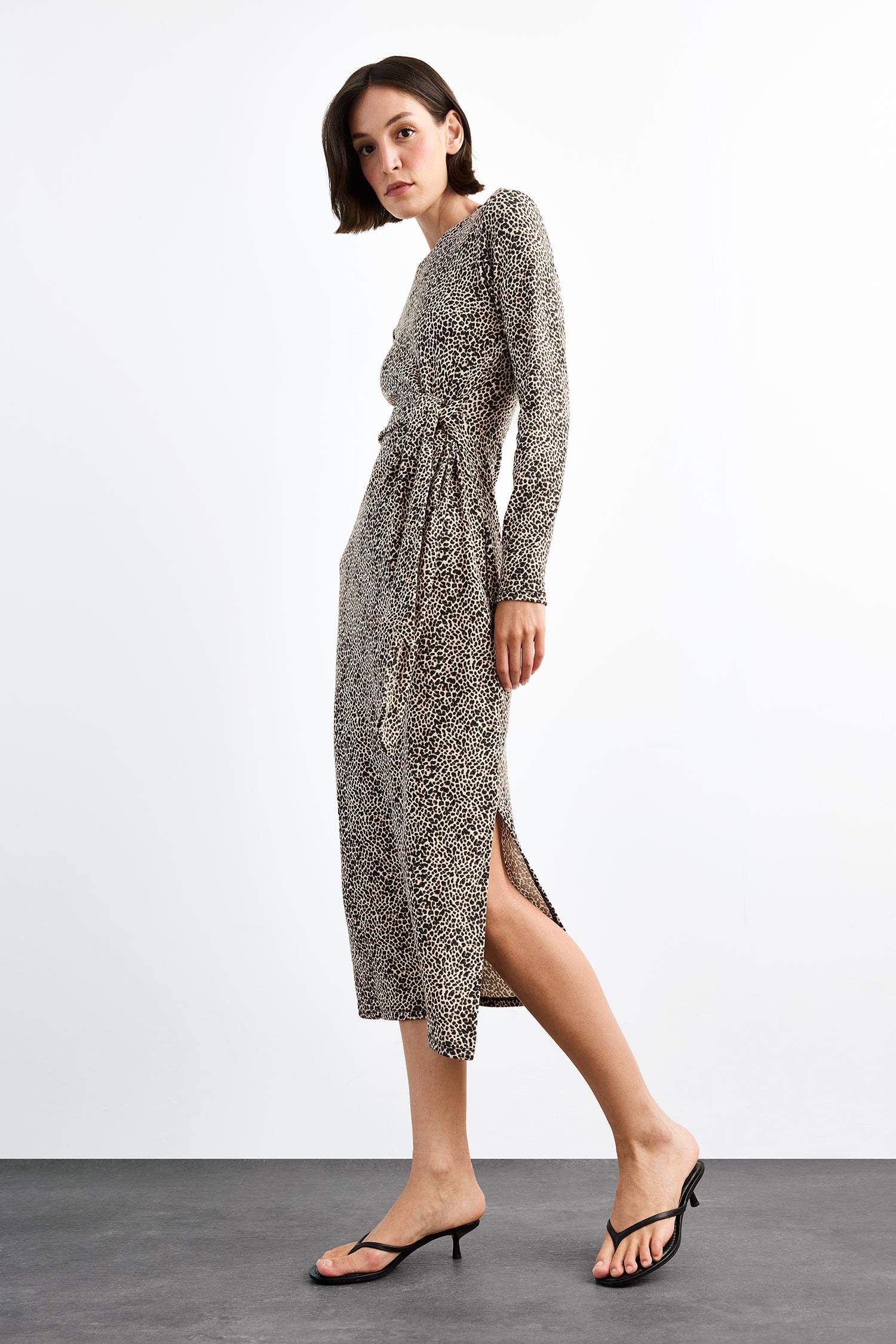 Leopar Desenli Twill Uzun Kollu Midi Elbise