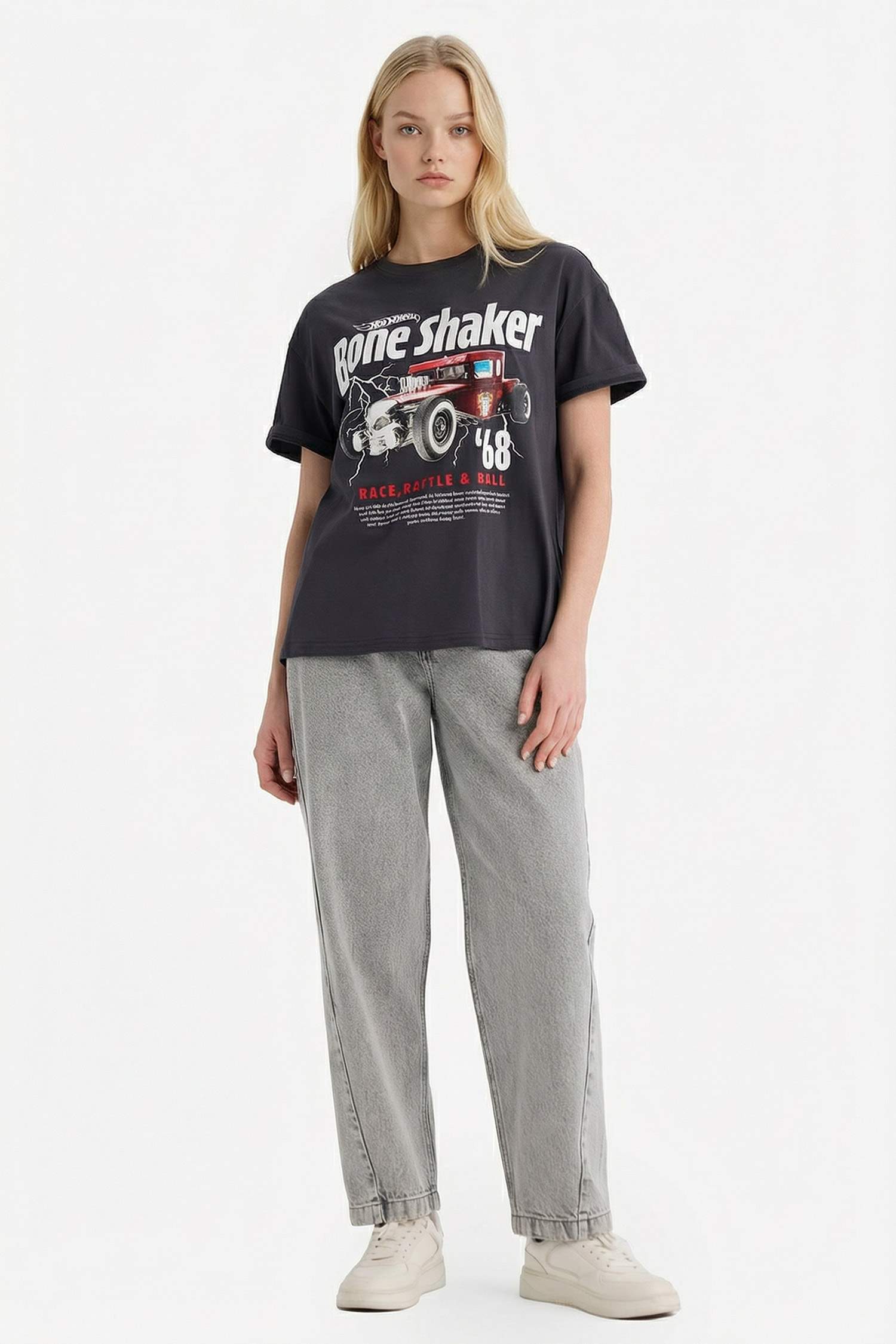 Hot Wheels Oversize кең пішімді дөңгелек жағалы суретті қысқа жеңді футболка