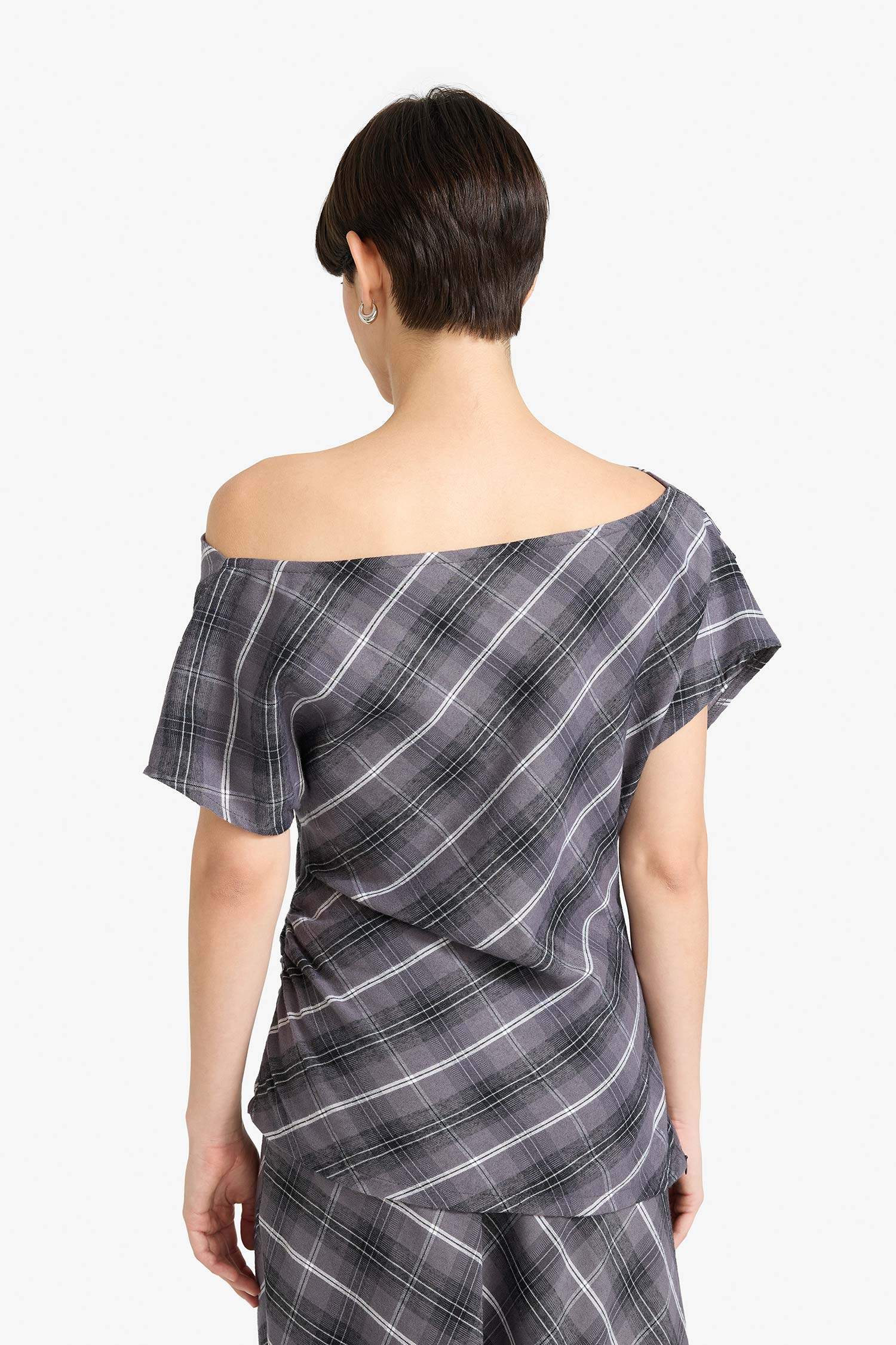 Regular Fit Boat Collar Plaid Short Sleeve Blouse