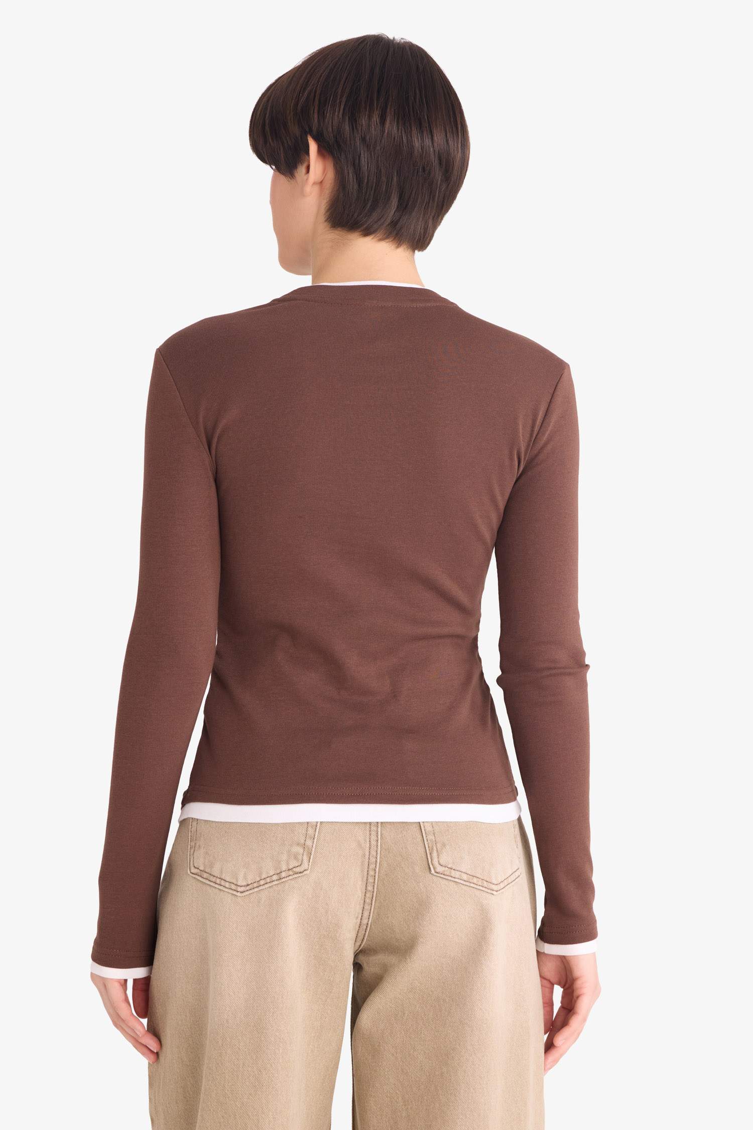 Slim Fit денеге қонымды дөңгелек жағалы ұзын жеңді рибана футболка