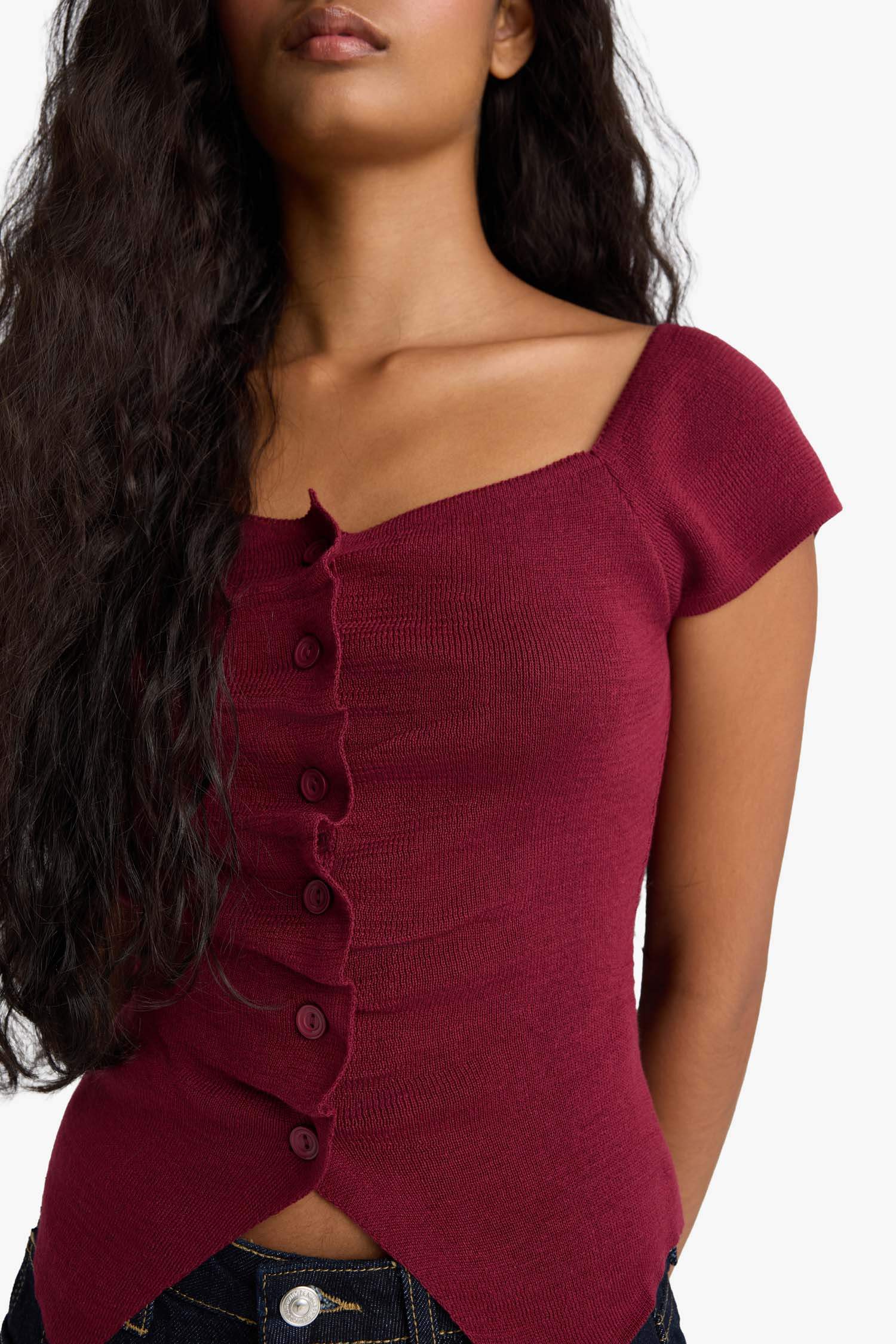 Fitted Kare Yaka Büzgü Detaylı Kısa Kollu Triko Kazak