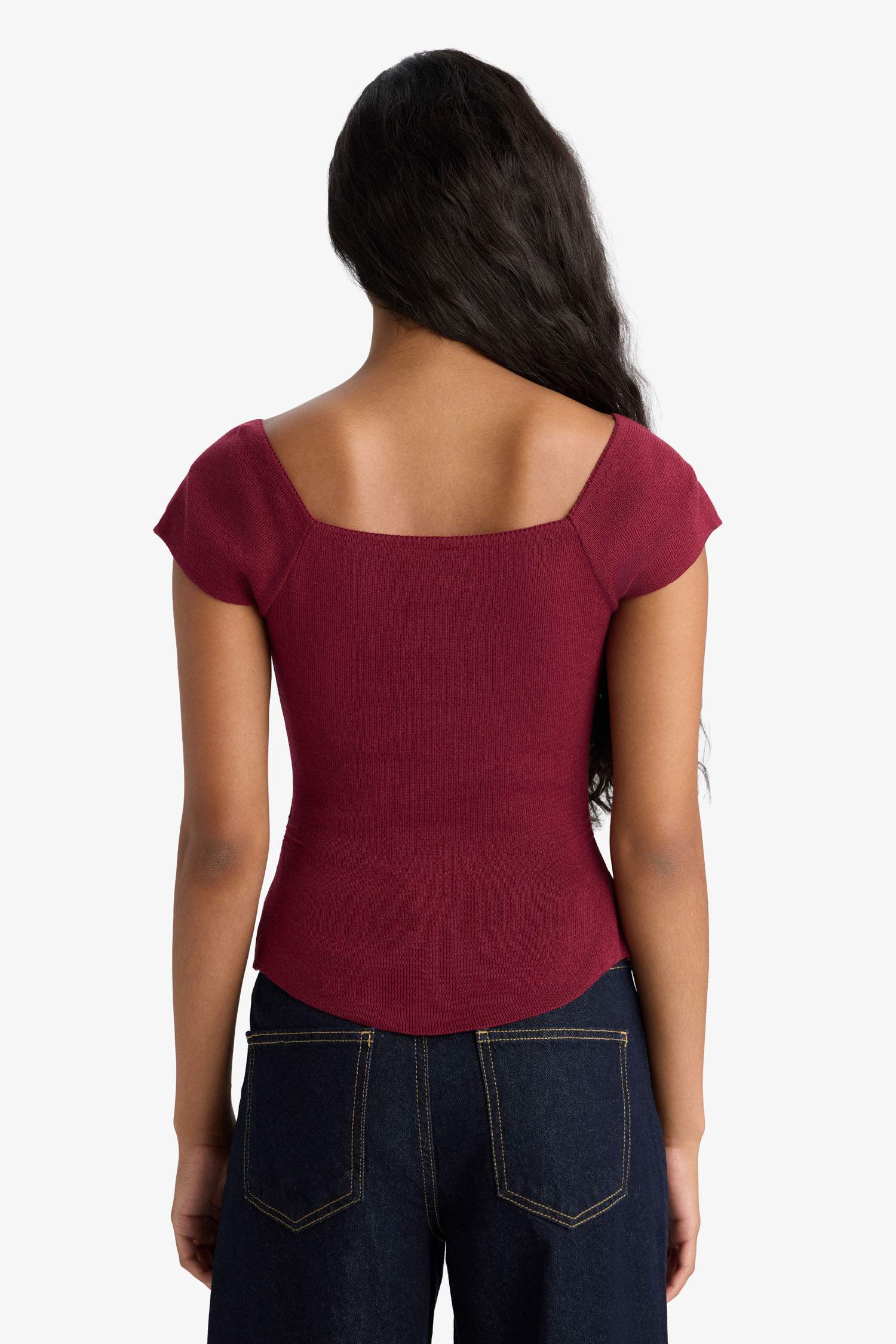 Fitted Kare Yaka Büzgü Detaylı Kısa Kollu Triko Kazak