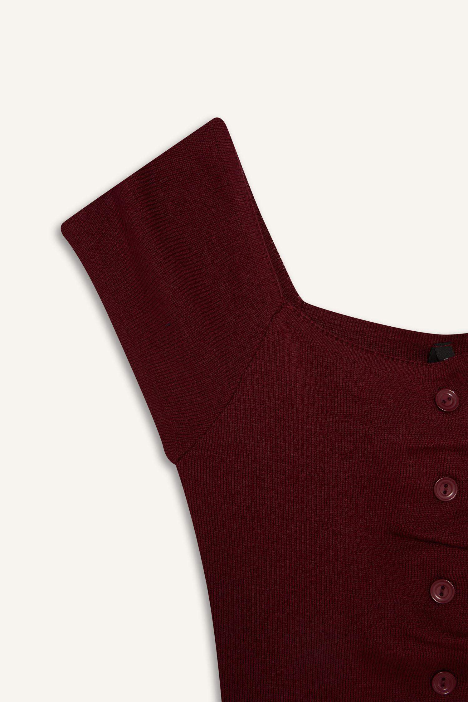 Fitted Kare Yaka Büzgü Detaylı Kısa Kollu Triko Kazak